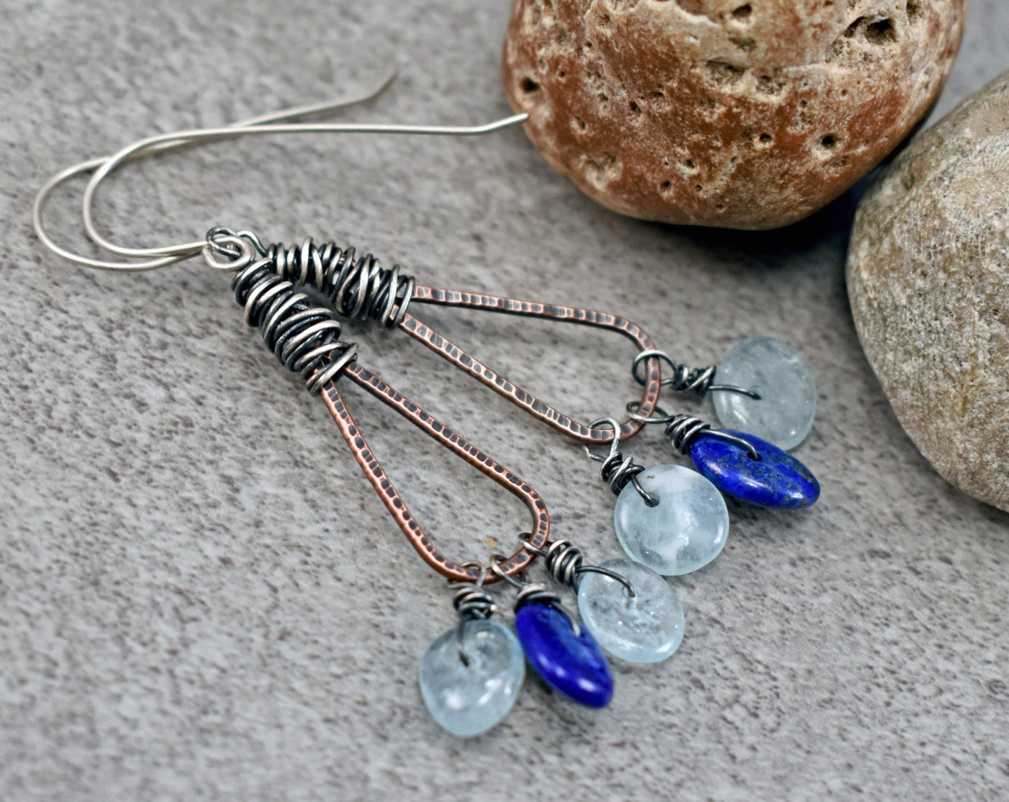 Aquamarine Mixed Metal Earrings, Lapis Lazuli Boho Triangle Jewelry Handmade, Rustic Blue, Unique Copper Sterling Silver Dangles