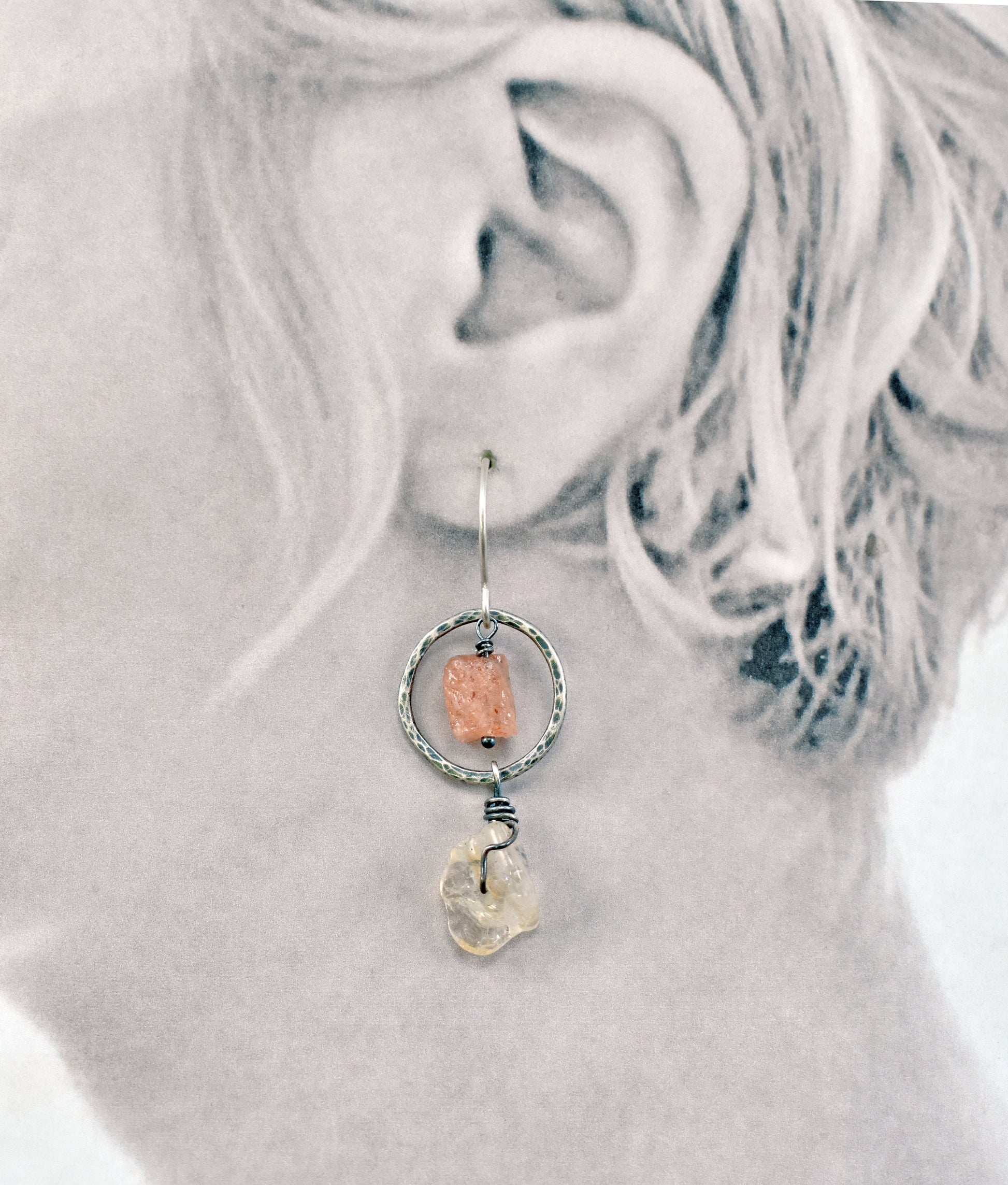 Asymmetrical Sterling Silver Earrings, Citrine and Raw Sunstone Jewelry, Yellow Orange Gemstone Dangles, Rustic Circle Wire, Artisan Unique