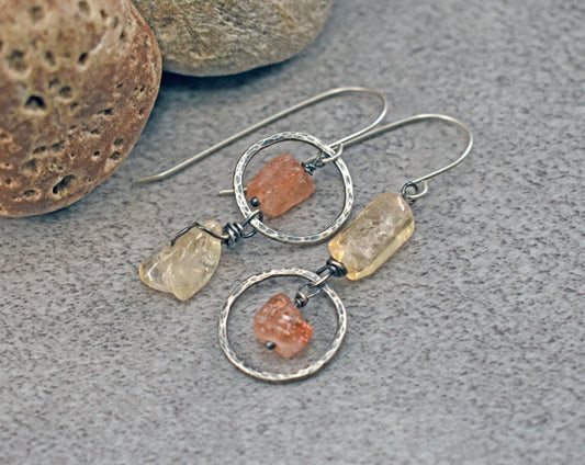 Asymmetrical Sterling Silver Earrings, Citrine and Raw Sunstone Jewelry, Yellow Orange Gemstone Dangles, Rustic Circle Wire, Artisan Unique