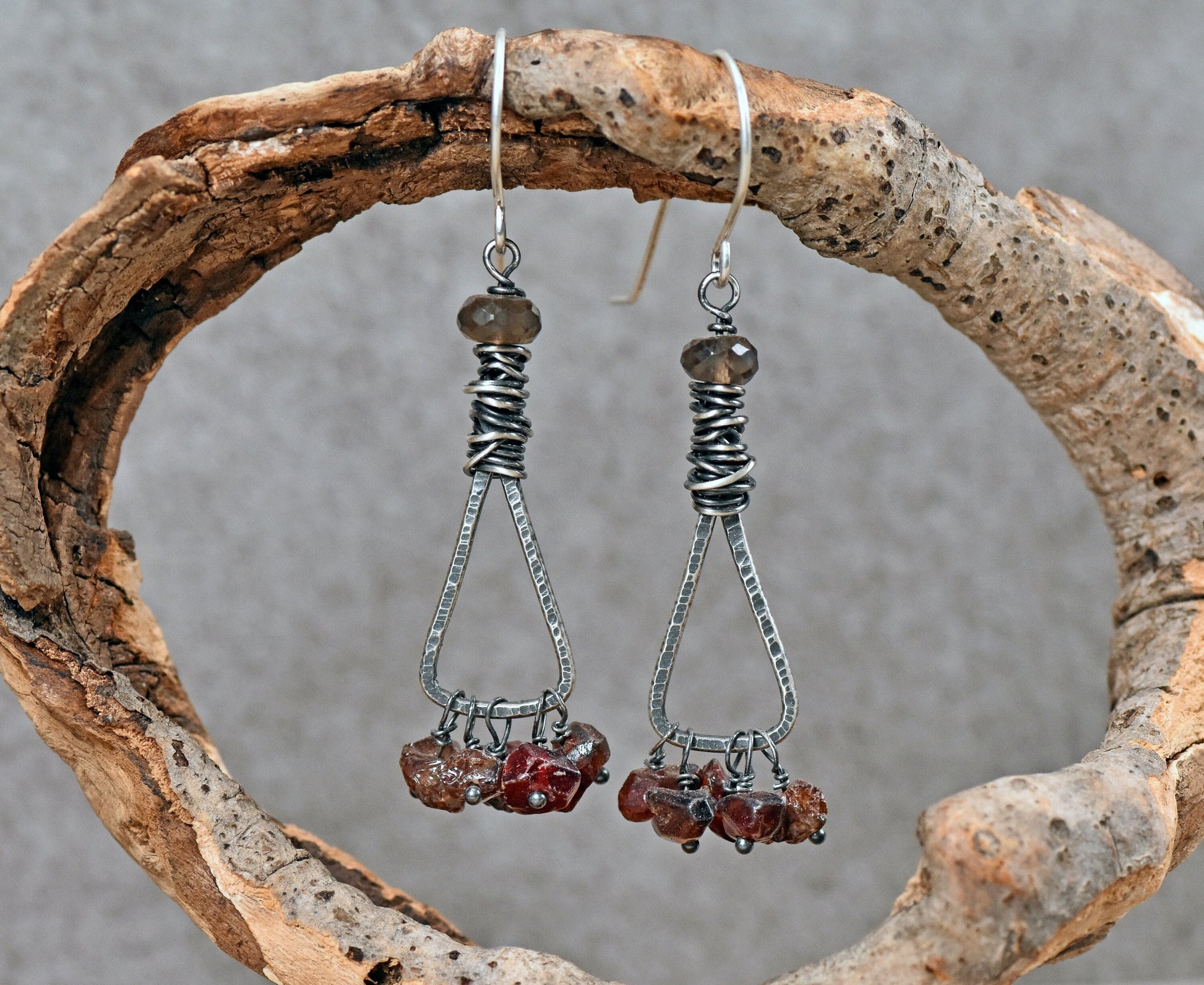 Smoky Quartz and Zircon Earrings Sterling Silver, Gray and Dark Red Gemstone Dangles, Messy Wire Wrap Triangle, Natural Stone Jewelry