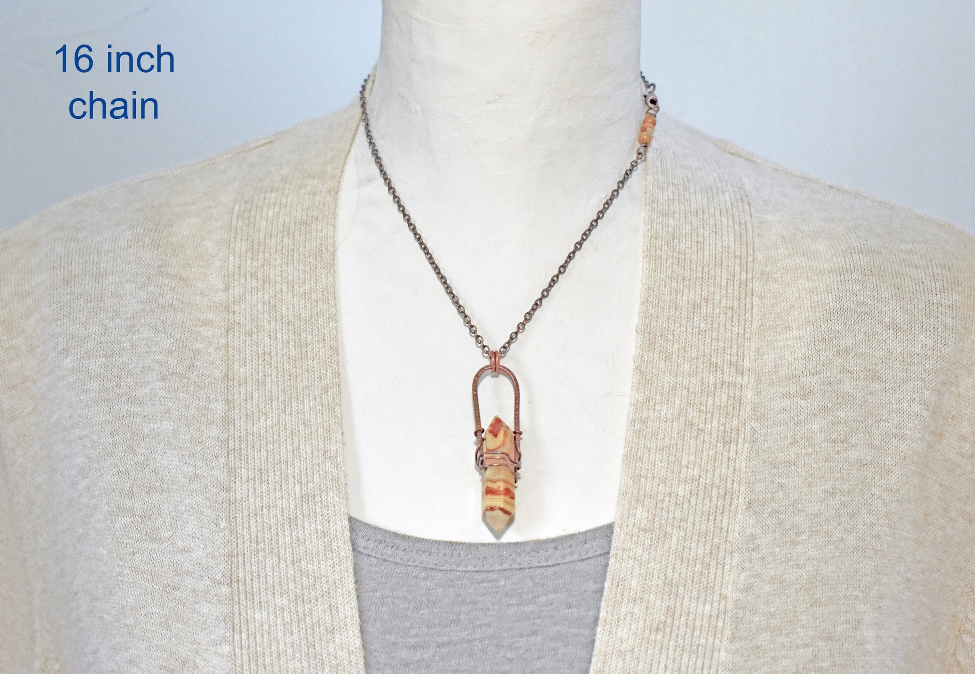 Long Crazy Lace Agate Necklace, Hammered Copper Wire Pendant, Rustic Stone Jewelry, Earthy Fall Color, Yellow Red Double Terminated Point