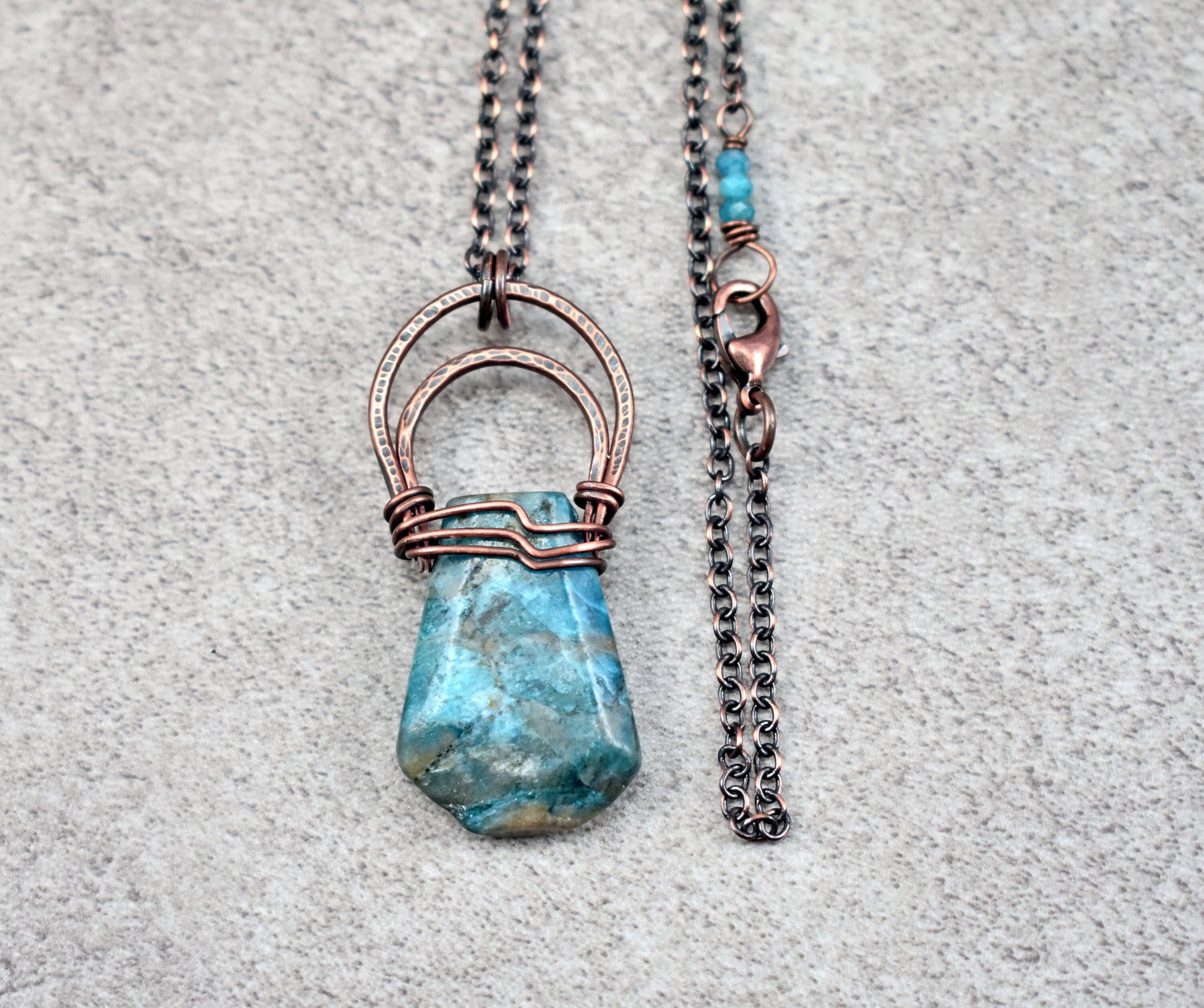 Apatite Necklace Handmade, Dark Teal Gemstone Jewelry, Hammered Copper Wire Pendant, Unique Rustic Artisan Metalwork