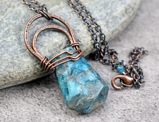 Apatite Necklace Handmade, Dark Teal Gemstone Jewelry, Hammered Copper Wire Pendant, Unique Rustic Artisan Metalwork