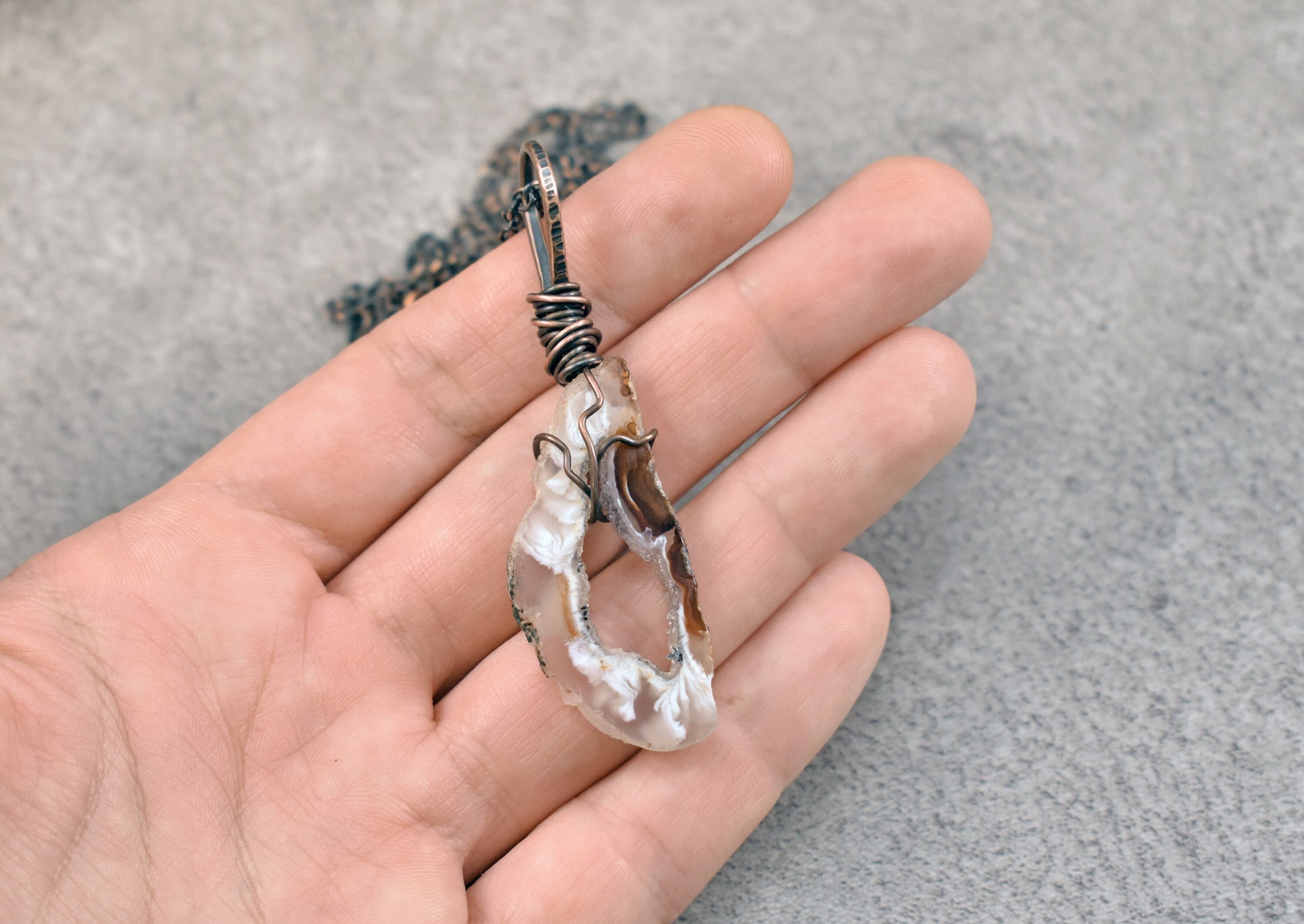 Oco Agate Druzy Necklace, Natural Crystal Black and White Stone Pendant, Copper Wire Gemstone Jewelry Handmade
