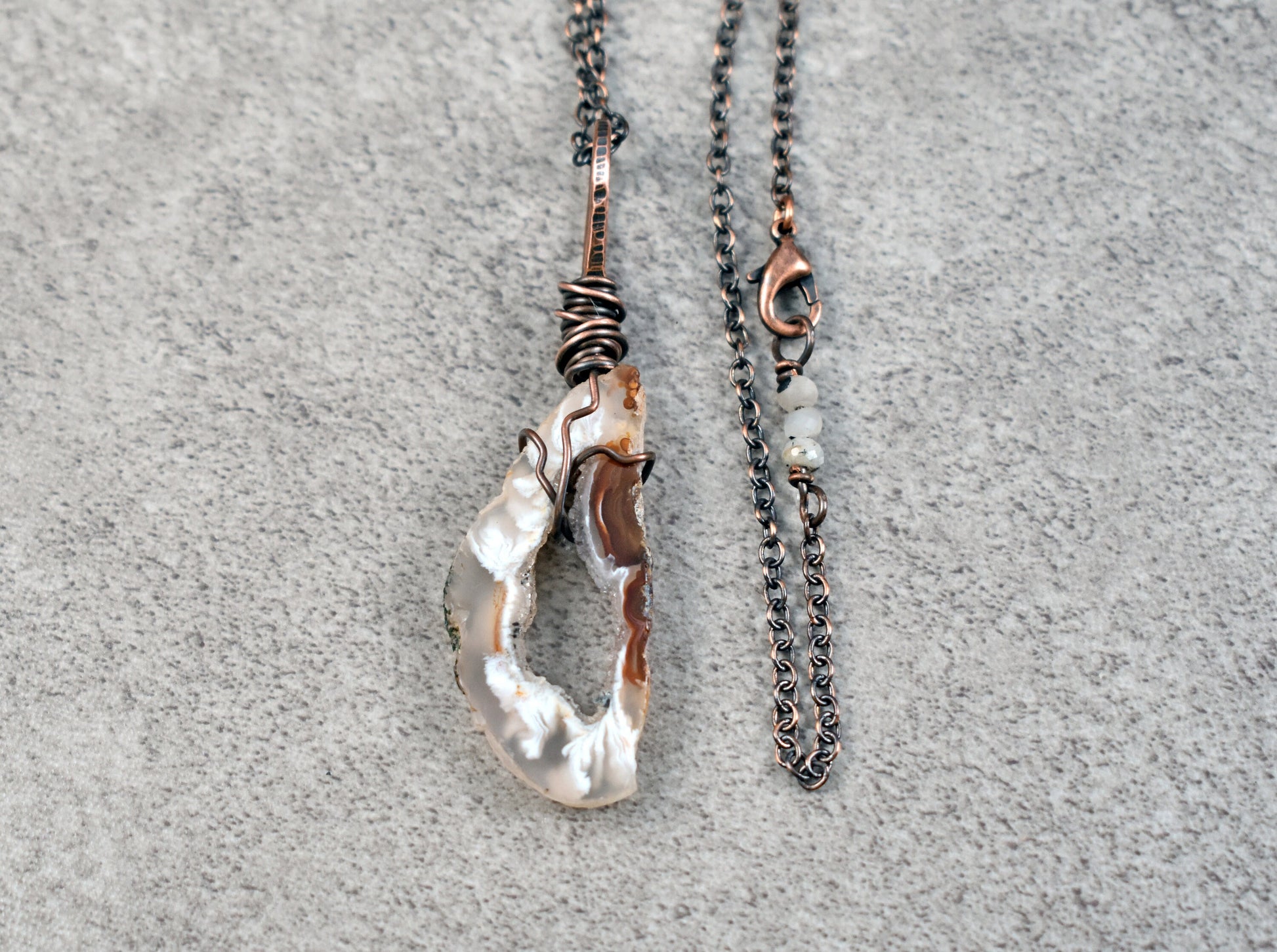 Oco Agate Druzy Necklace, Natural Crystal Black and White Stone Pendant, Copper Wire Gemstone Jewelry Handmade