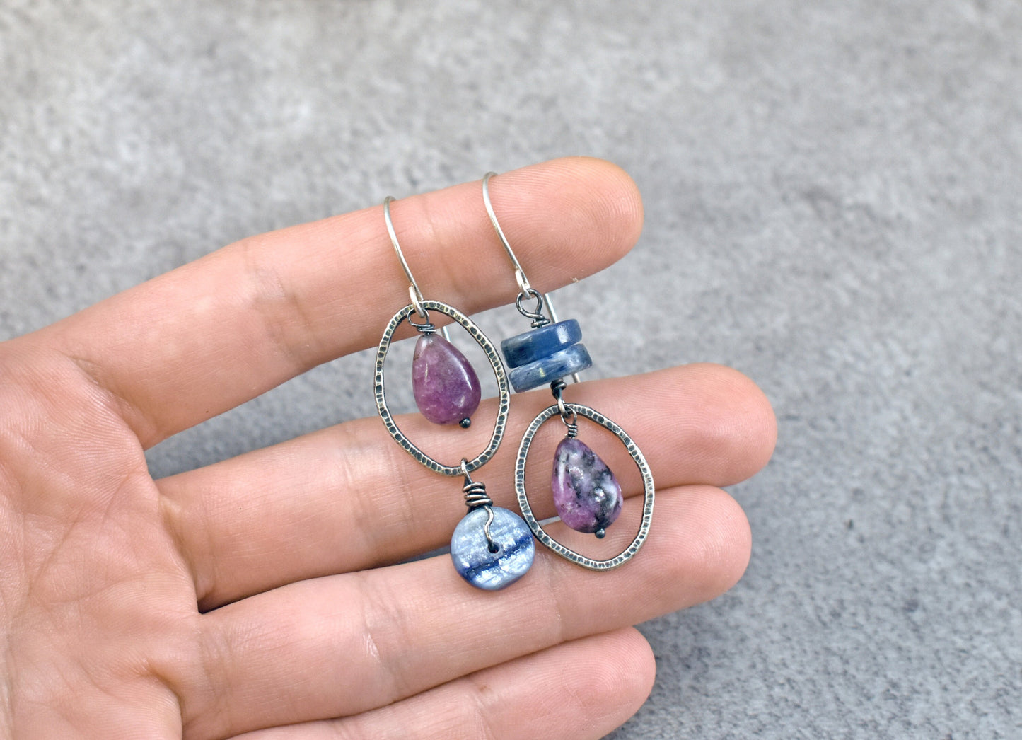 Asymmetrical Gemstone Earrings Sterling Silver, Kyanite Charoite Jewelry, Oval Blue Purple Stone Dangles, Rustic Wire, Artisan Unique