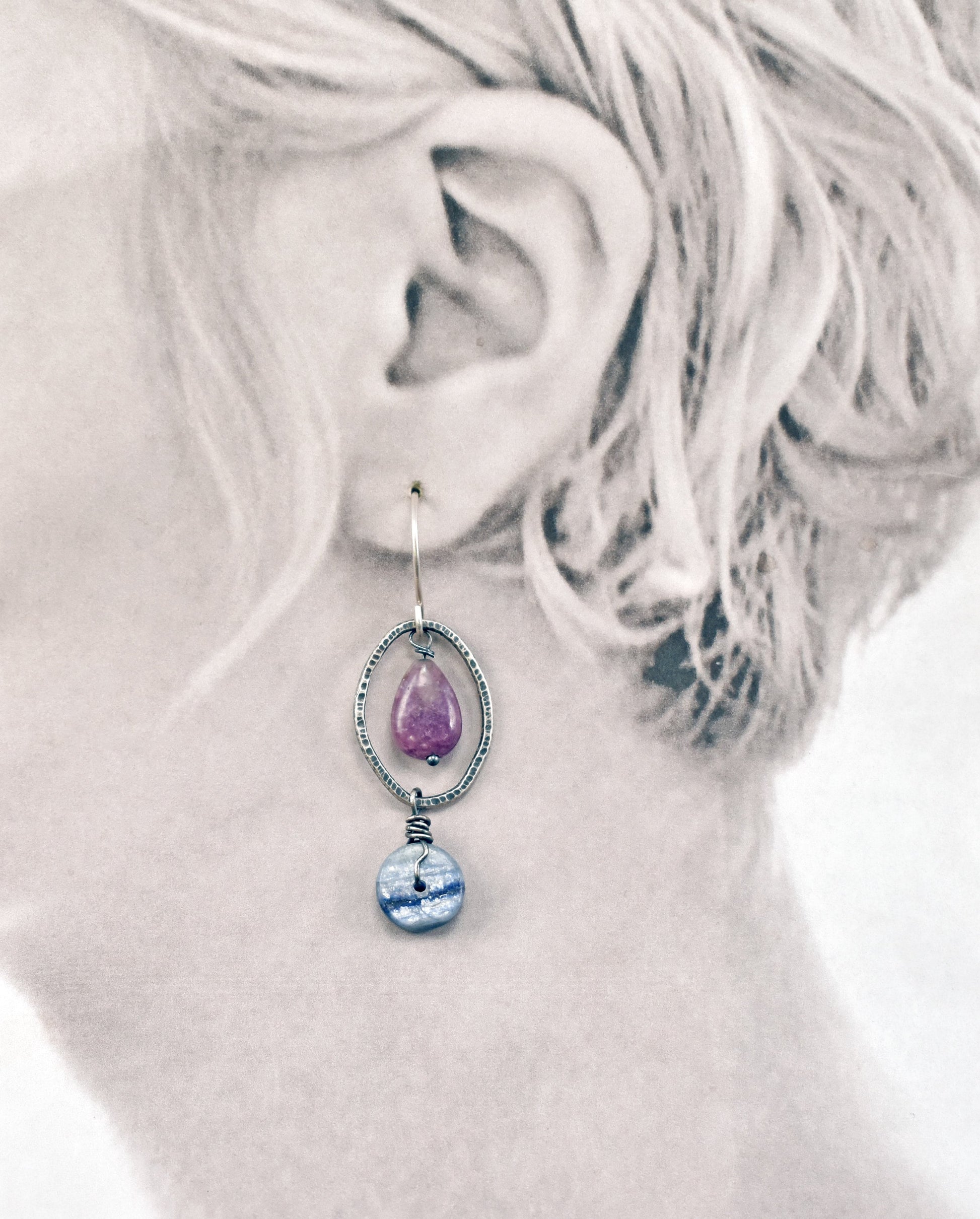 Asymmetrical Gemstone Earrings Sterling Silver, Kyanite Charoite Jewelry, Oval Blue Purple Stone Dangles, Rustic Wire, Artisan Unique