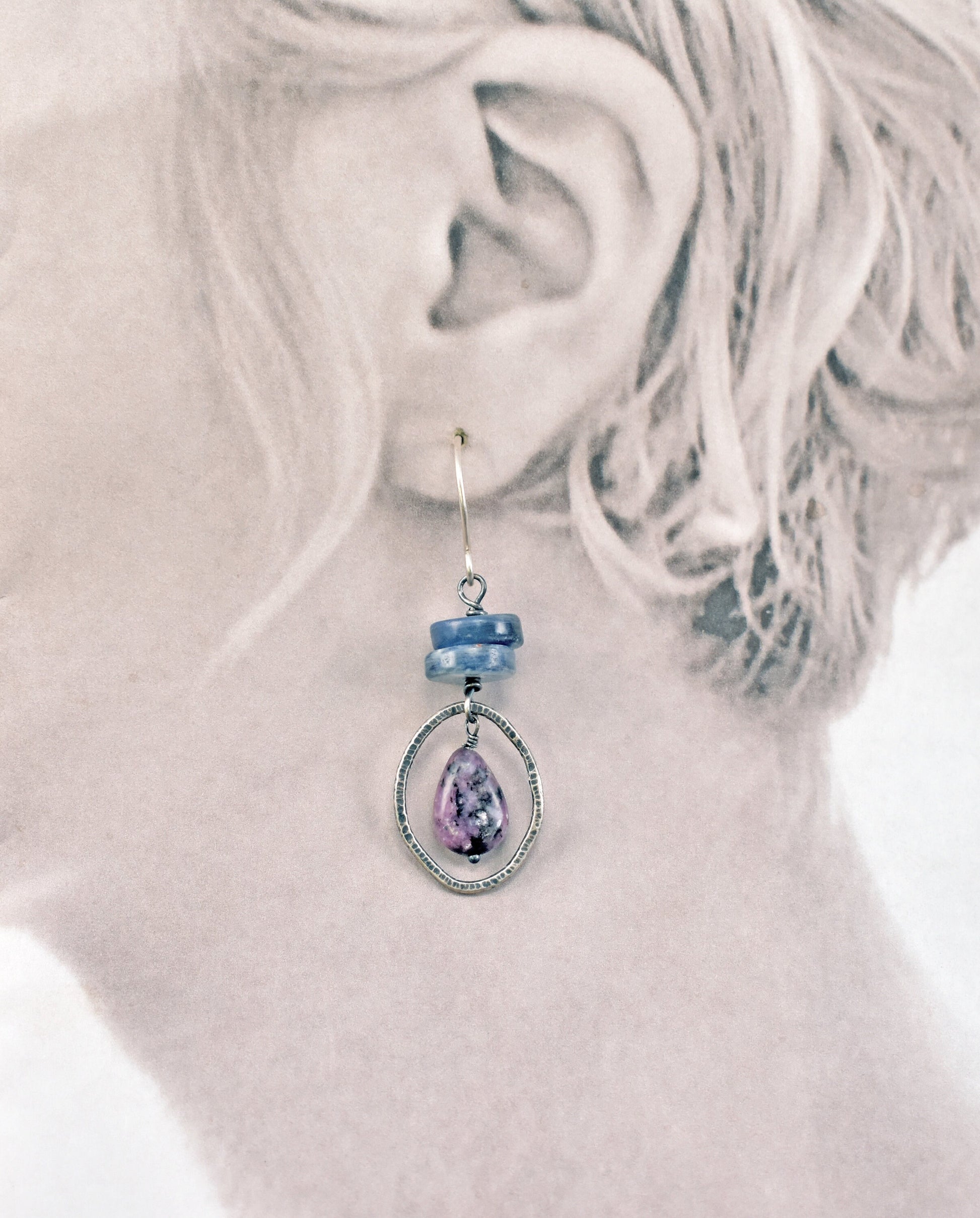 Asymmetrical Gemstone Earrings Sterling Silver, Kyanite Charoite Jewelry, Oval Blue Purple Stone Dangles, Rustic Wire, Artisan Unique