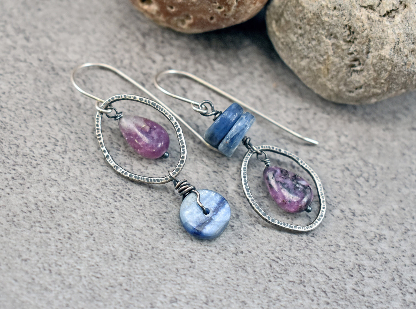 Asymmetrical Gemstone Earrings Sterling Silver, Kyanite Charoite Jewelry, Oval Blue Purple Stone Dangles, Rustic Wire, Artisan Unique
