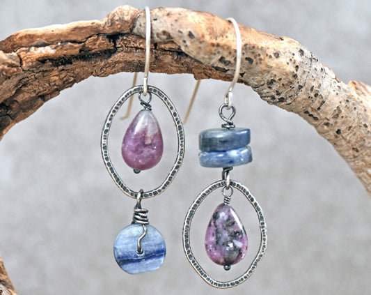 Asymmetrical Gemstone Earrings Sterling Silver, Kyanite Charoite Jewelry, Oval Blue Purple Stone Dangles, Rustic Wire, Artisan Unique