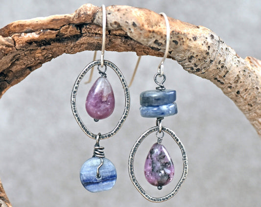 Asymmetrical Gemstone Earrings Sterling Silver, Kyanite Charoite Jewelry, Oval Blue Purple Stone Dangles, Rustic Wire, Artisan Unique