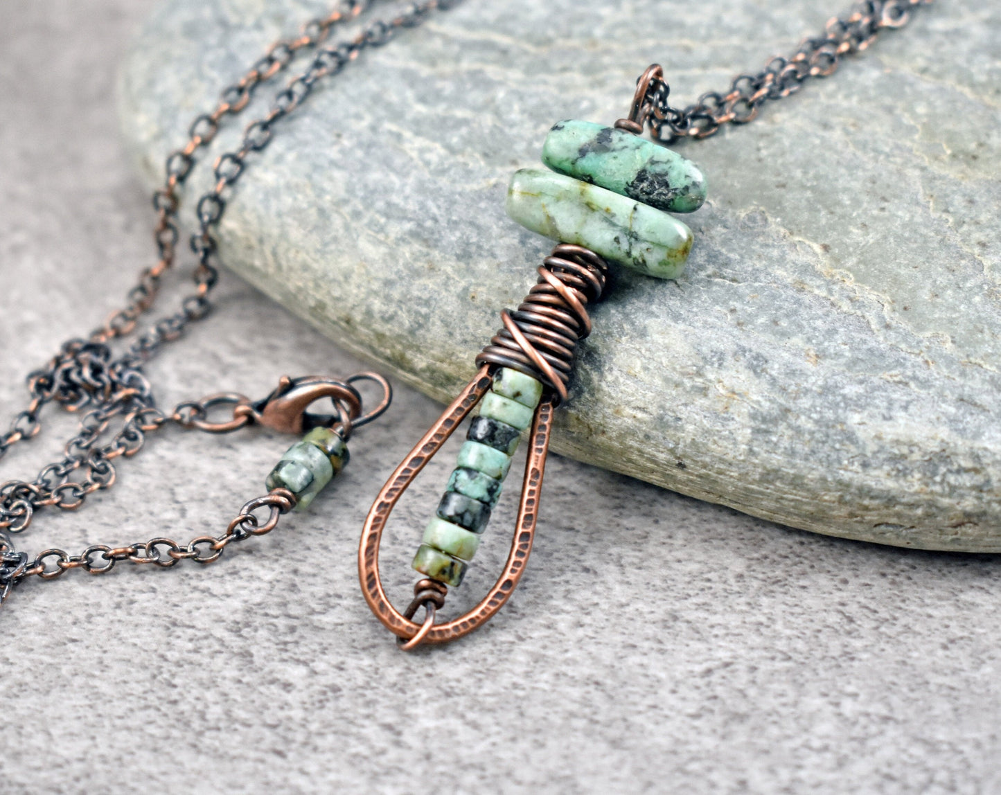 African Turquoise Jasper Pendant, Earthy Green Gemstone Necklace, Artisan Copper Wire Teardrop Jewelry, Unique Natural Stone