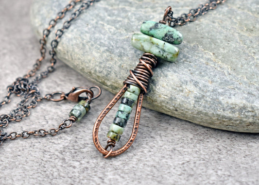 African Turquoise Jasper Pendant, Earthy Green Gemstone Necklace, Artisan Copper Wire Teardrop Jewelry, Unique Natural Stone