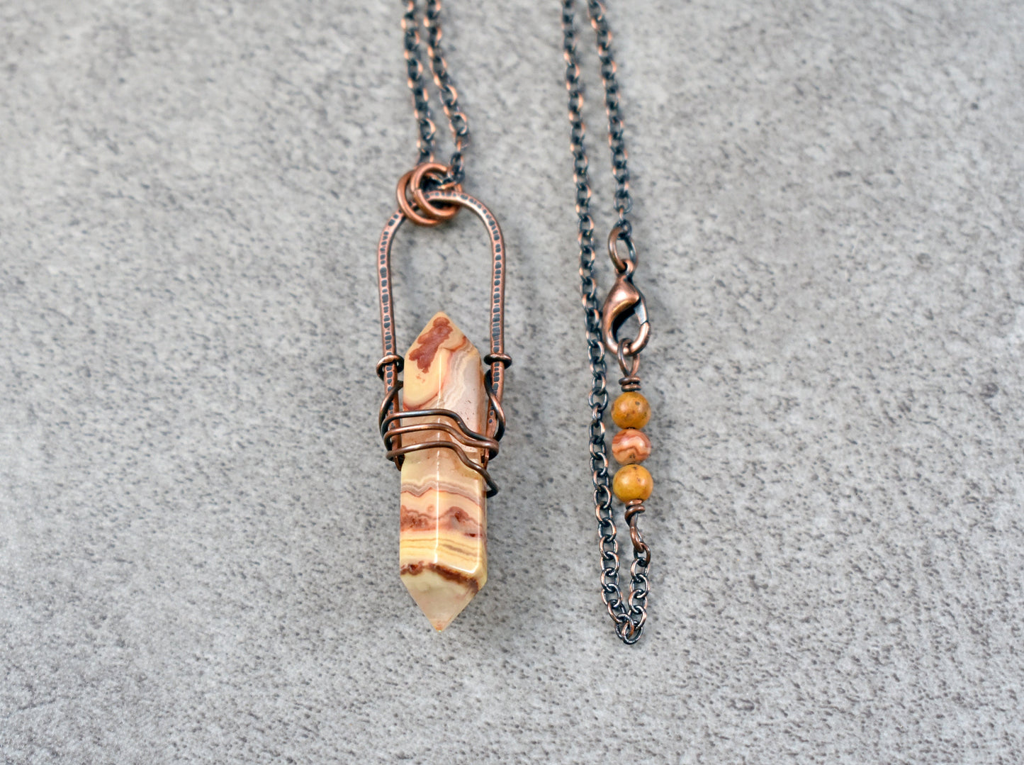 Long Crazy Lace Agate Necklace, Hammered Copper Wire Pendant, Rustic Stone Jewelry, Earthy Fall Color, Yellow Red Double Terminated Point