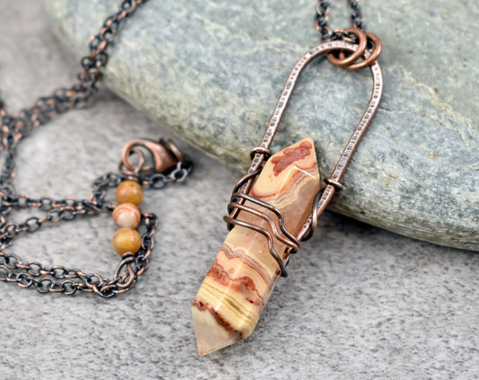 Long Crazy Lace Agate Necklace, Hammered Copper Wire Pendant, Rustic Stone Jewelry, Earthy Fall Color, Yellow Red Double Terminated Point