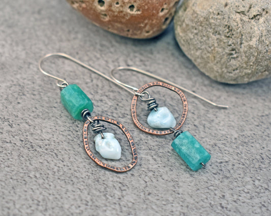 Asymmetrical Mixed Metal Earrings Handmade, Larimar Amazonite Dangles, Blue Green Stone, Fun Copper Jewelry, Artisan Sterling Silver