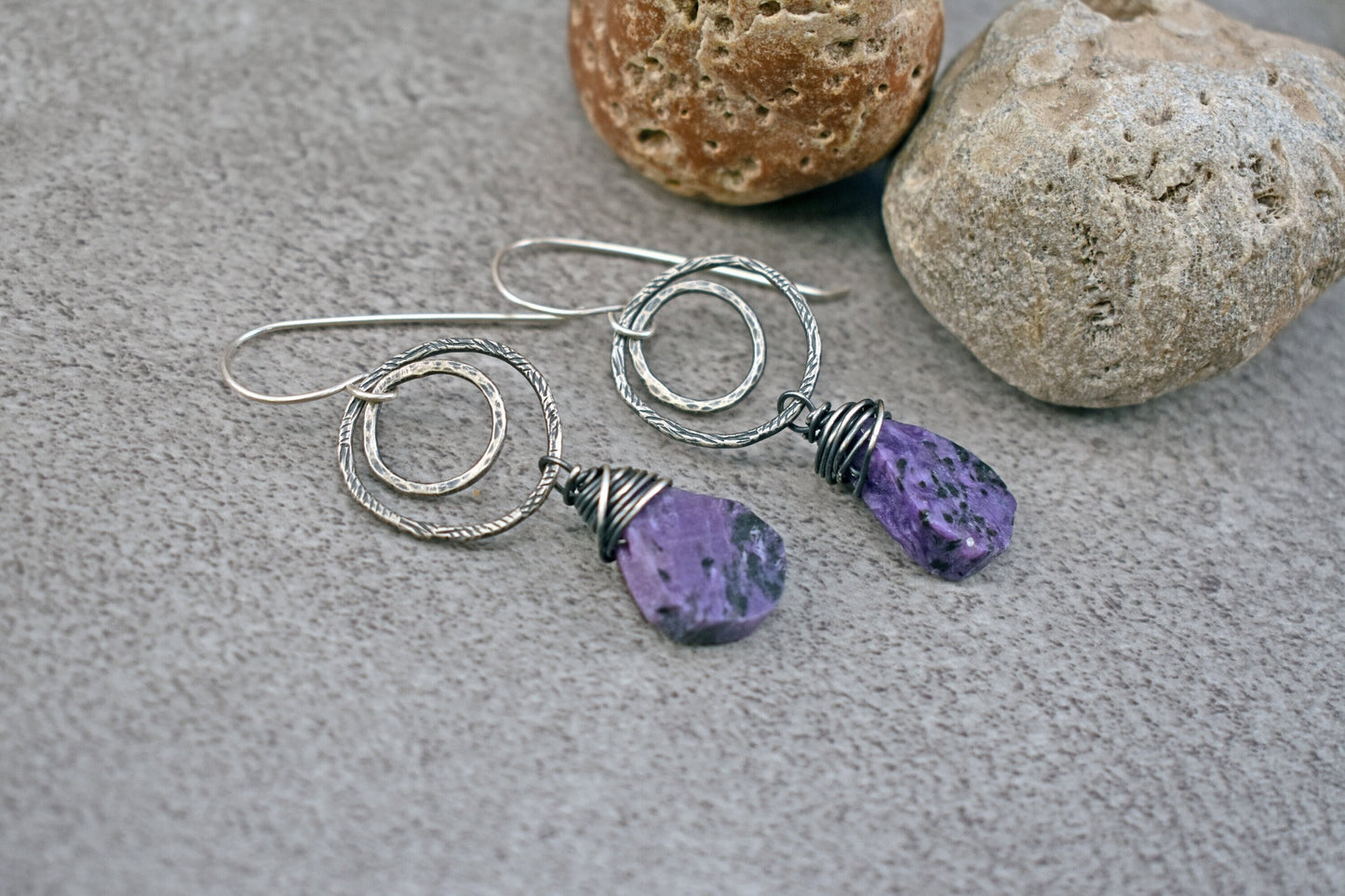 Charoite Earrings Sterling Silver, Natural Purple Teardrop Gemstone Dangles, Rustic Jewelry, Statement Circle Earrings