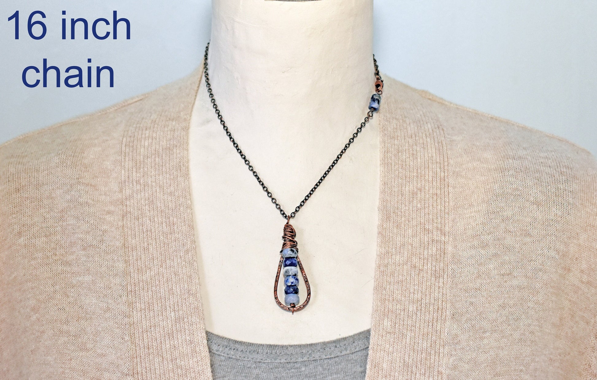 Sodalite Copper Teardrop Necklace, Rustic Blue and White Stone Pendant, Unique Hammered Jewelry Artisan