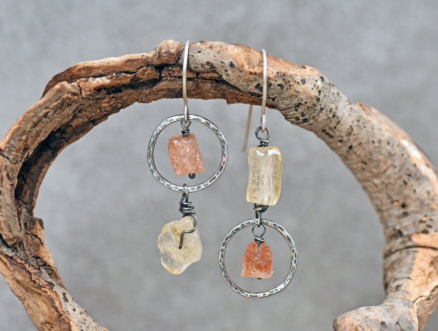 Asymmetrical Sterling Silver Earrings, Citrine and Raw Sunstone Jewelry, Yellow Orange Gemstone Dangles, Rustic Circle Wire, Artisan Unique