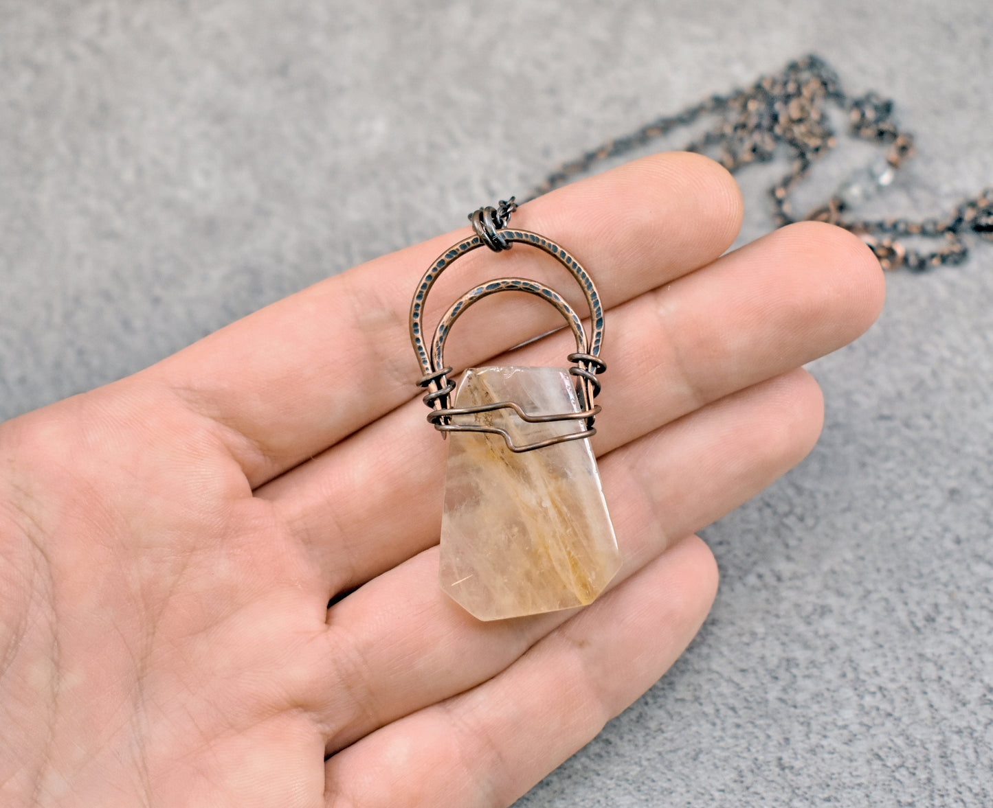 Rutilated Quartz Pendant, Long Light Yellow Stone Necklace, Artisan Copper Wire Jewelry, Unique Crystal Gift