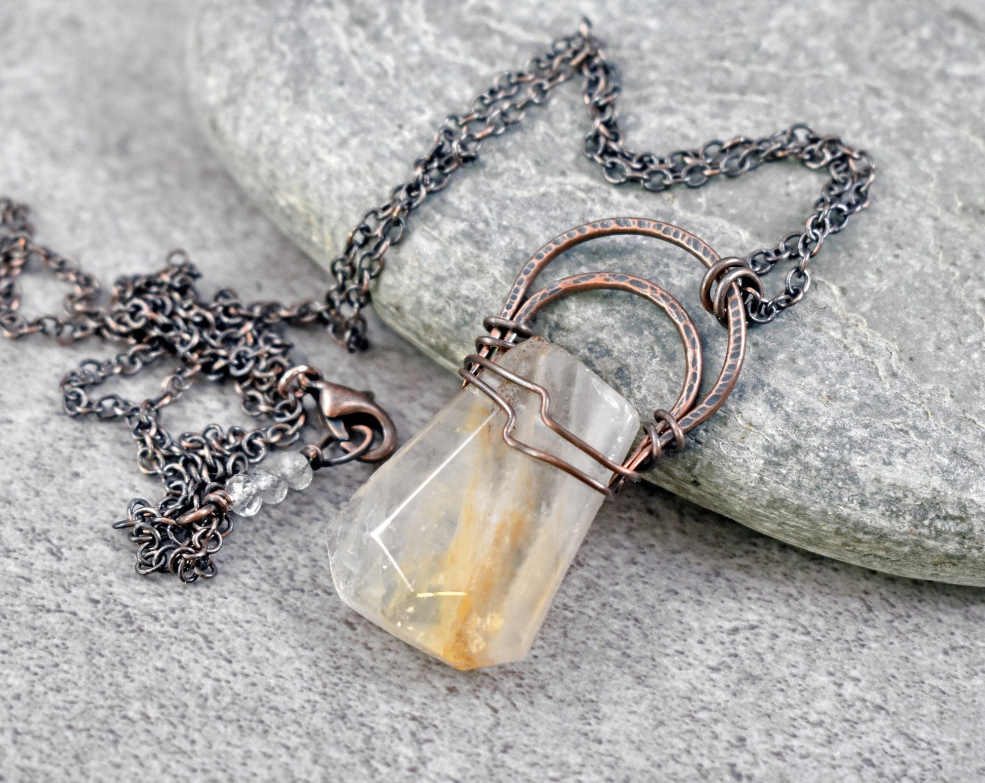 Rutilated Quartz Pendant, Long Light Yellow Stone Necklace, Artisan Copper Wire Jewelry, Unique Crystal Gift