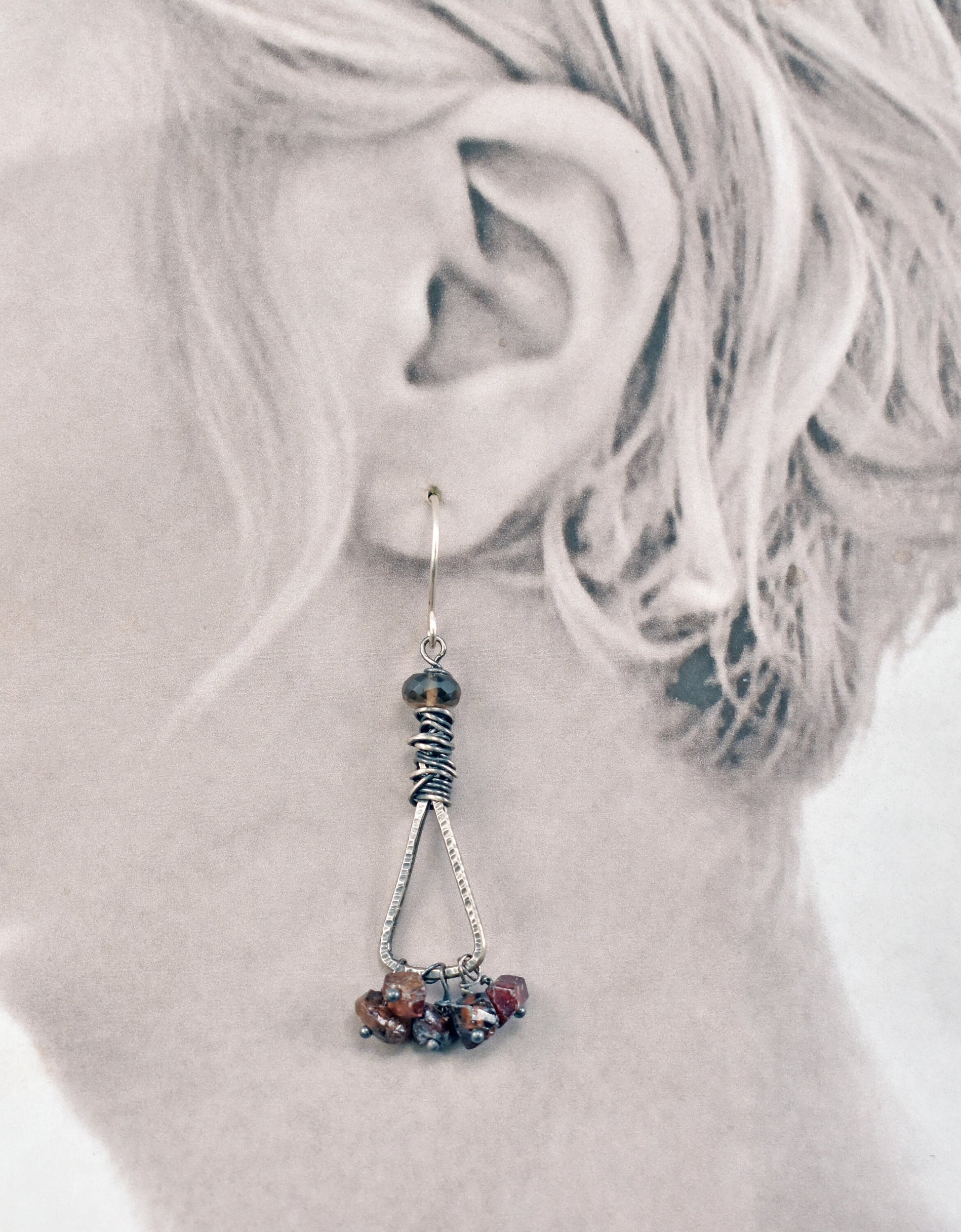 Smoky Quartz and Zircon Earrings Sterling Silver, Gray and Dark Red Gemstone Dangles, Messy Wire Wrap Triangle, Natural Stone Jewelry