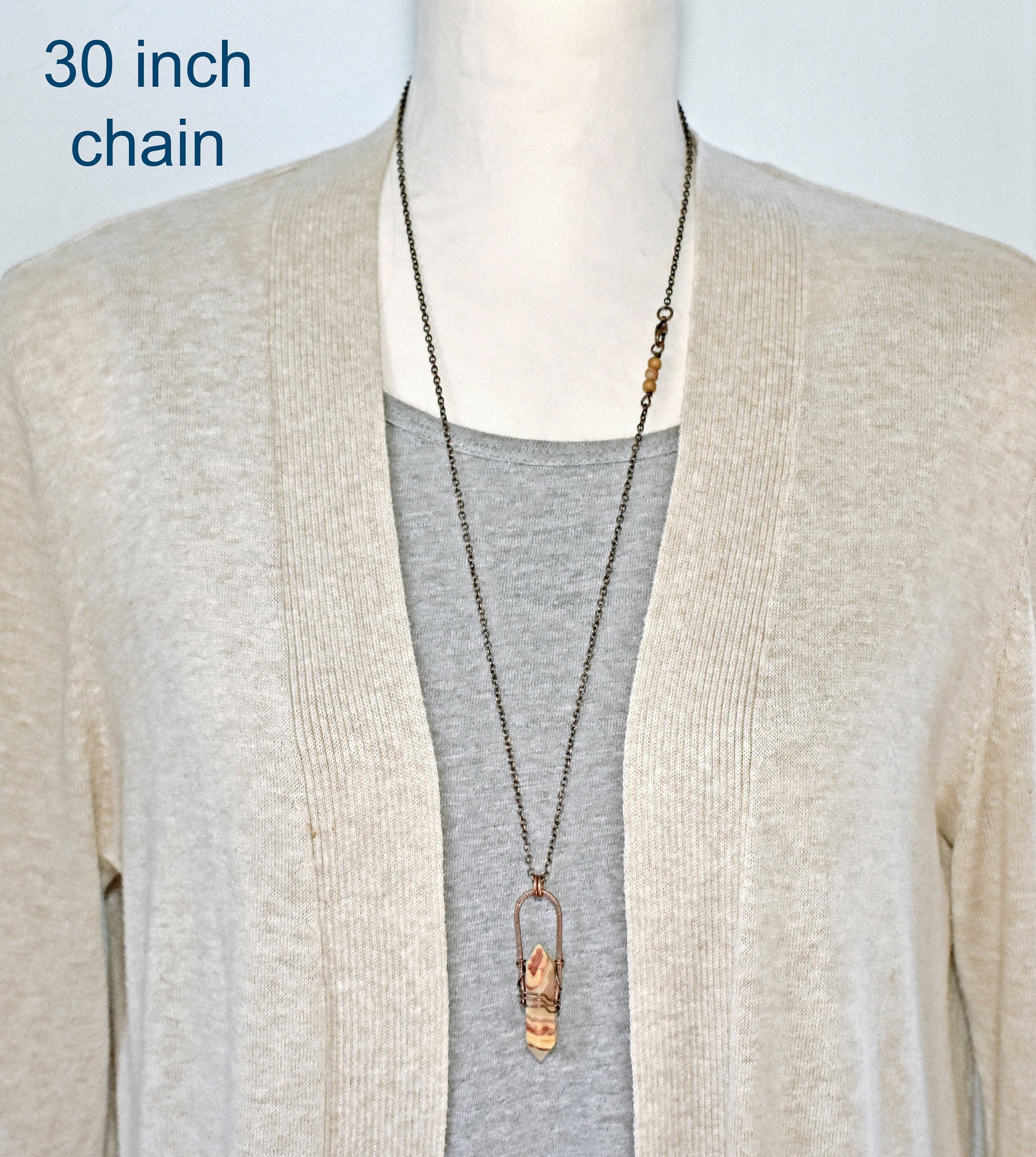 Long Crazy Lace Agate Necklace, Hammered Copper Wire Pendant, Rustic Stone Jewelry, Earthy Fall Color, Yellow Red Double Terminated Point