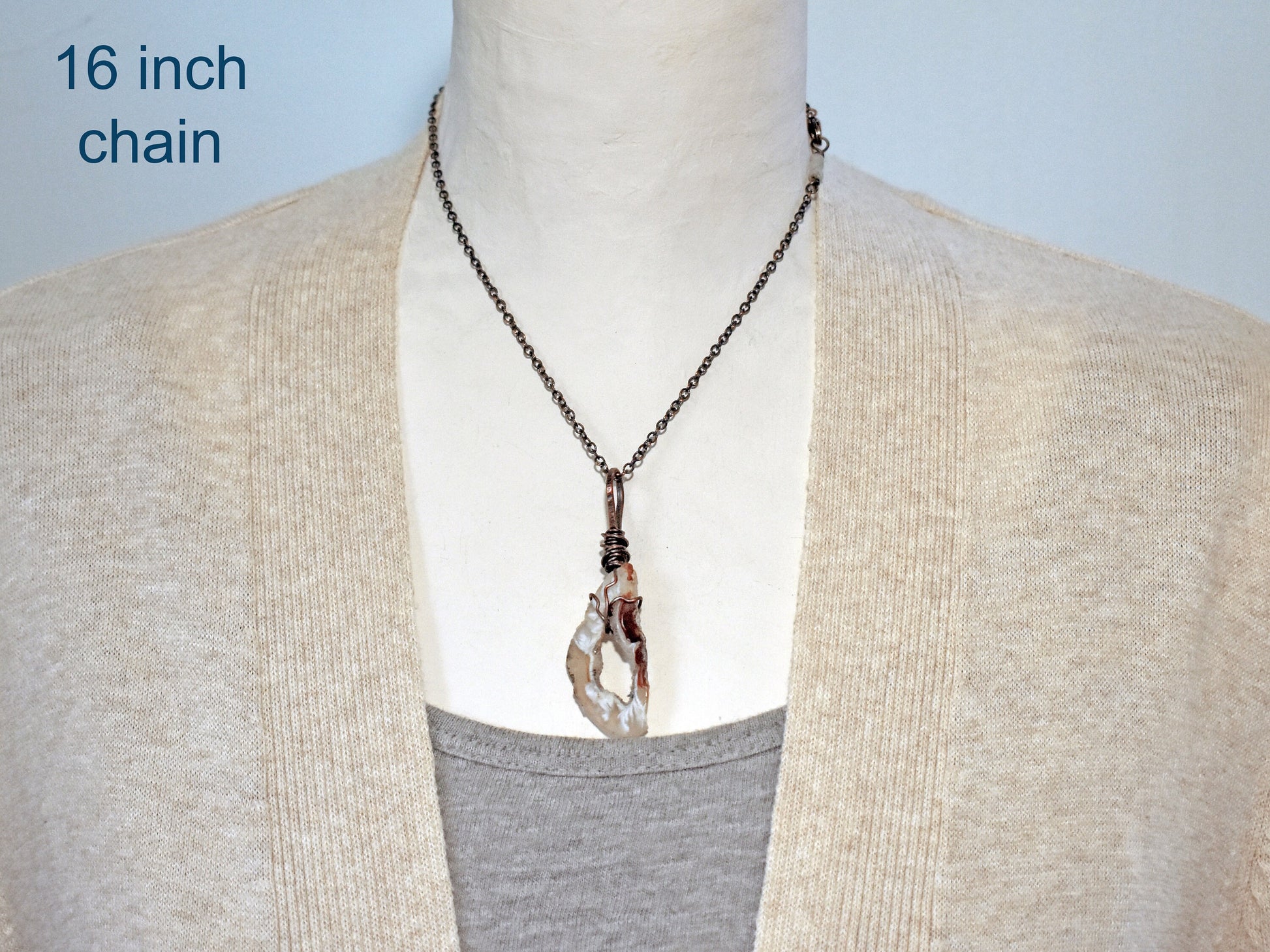 Oco Agate Druzy Necklace, Natural Crystal Black and White Stone Pendant, Copper Wire Gemstone Jewelry Handmade