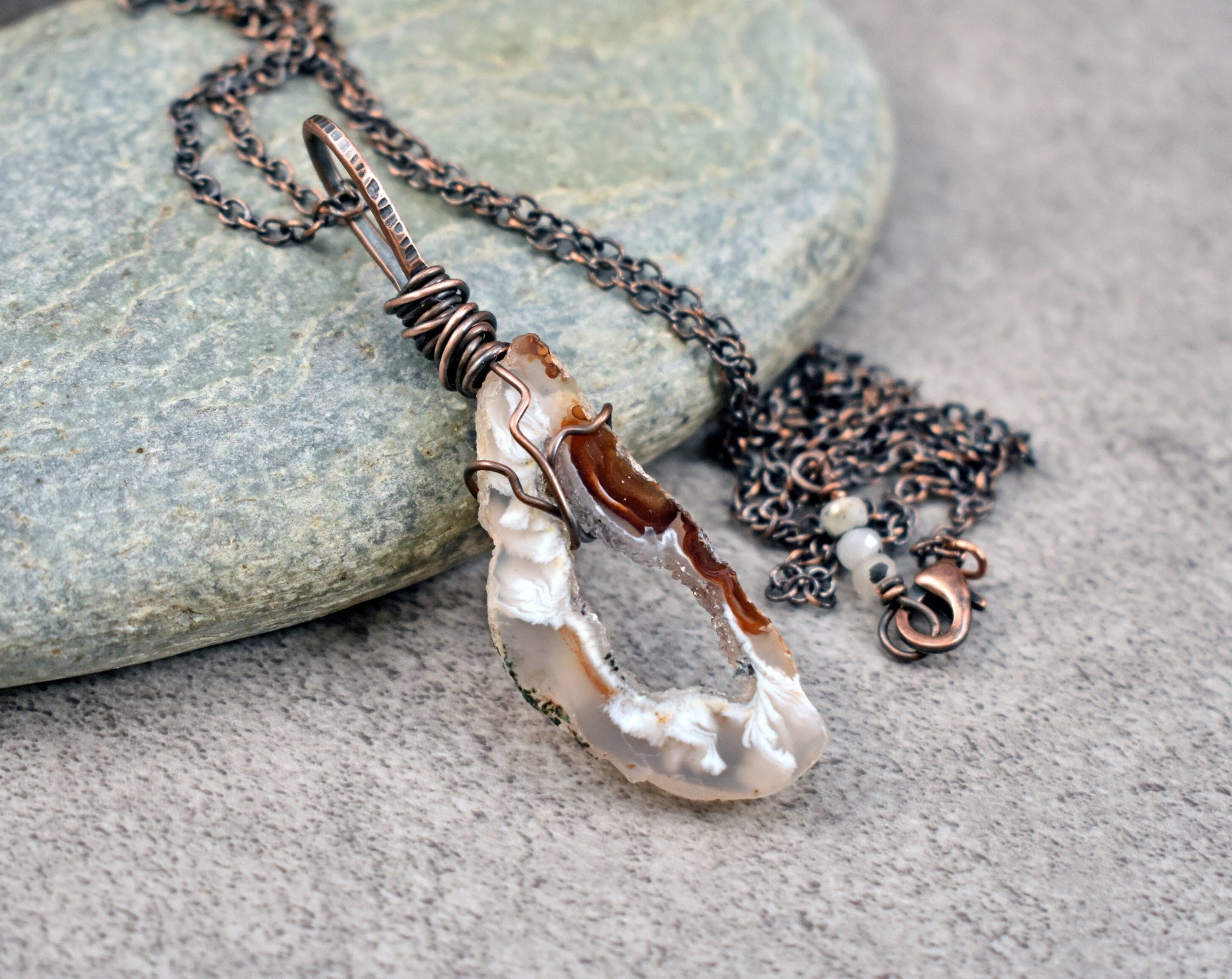 Oco Agate Druzy Necklace, Natural Crystal Black and White Stone Pendant, Copper Wire Gemstone Jewelry Handmade