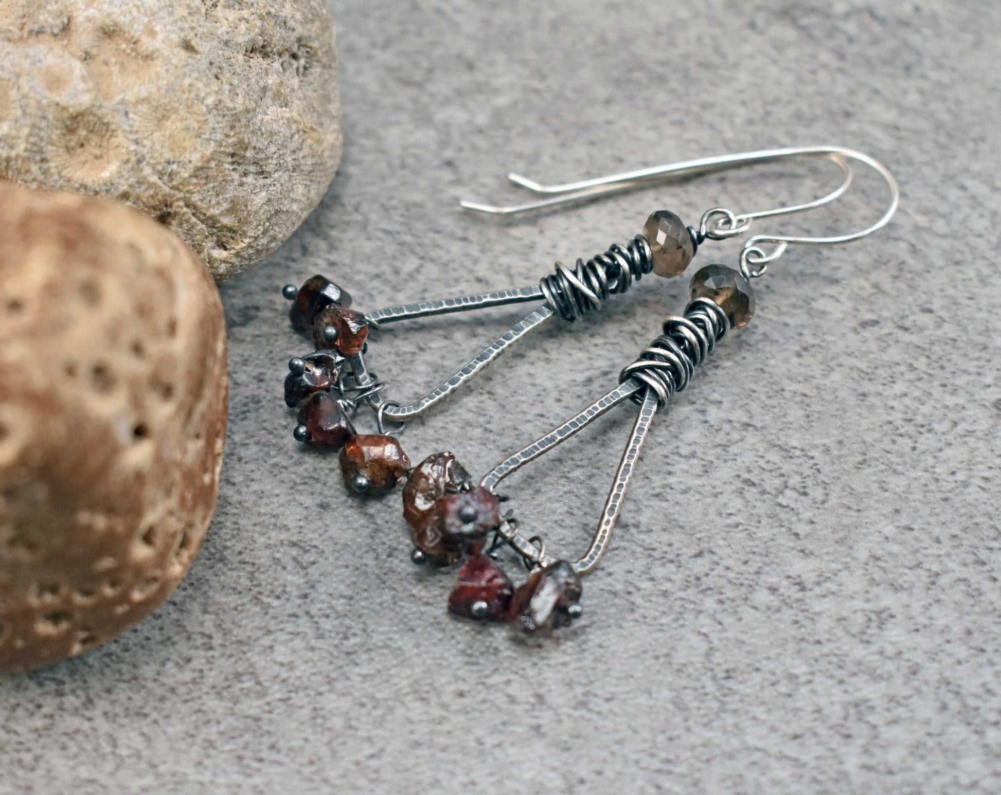 Smoky Quartz and Zircon Earrings Sterling Silver, Gray and Dark Red Gemstone Dangles, Messy Wire Wrap Triangle, Natural Stone Jewelry