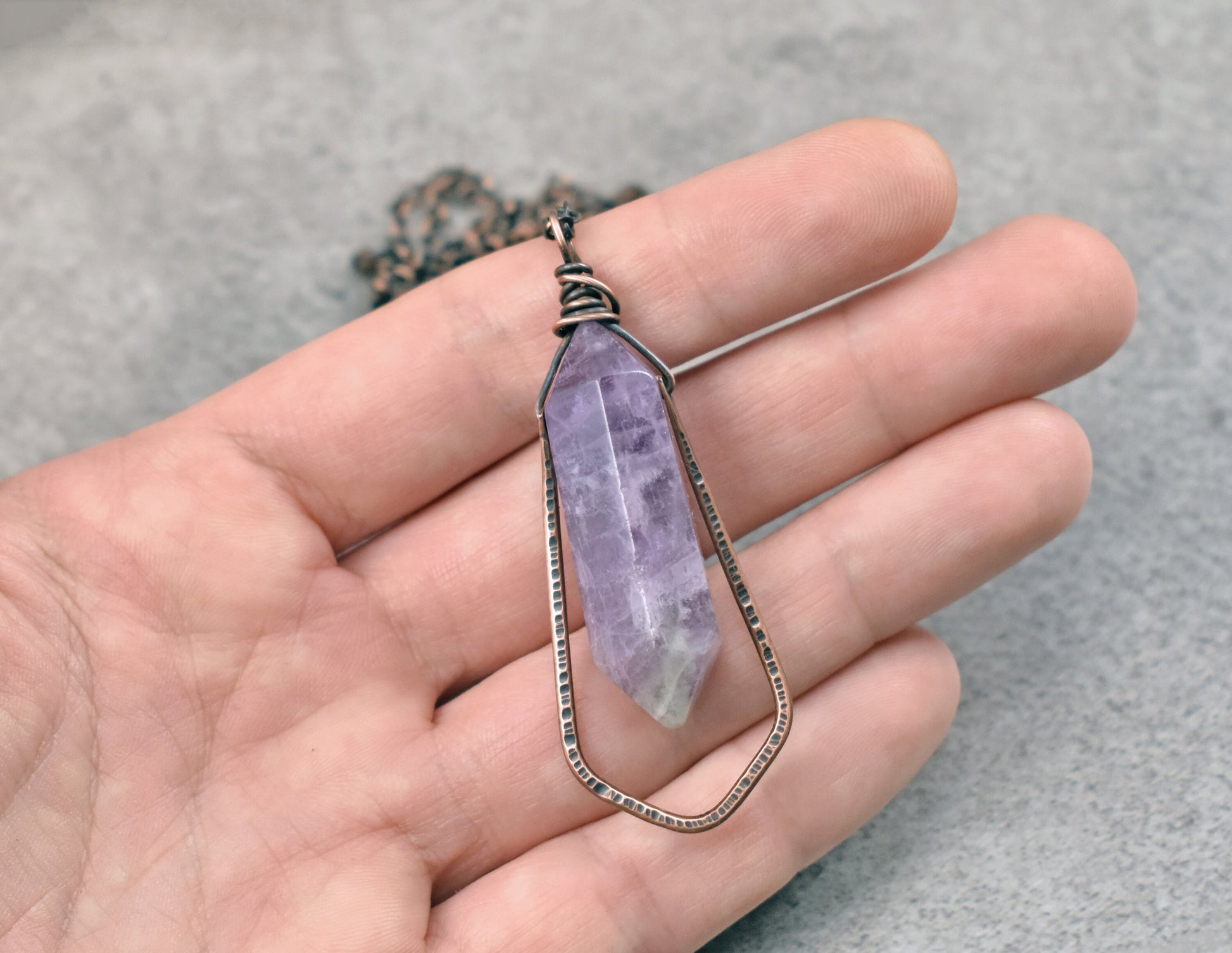 Double Terminated Amethyst Point Necklace, Rustic Artisan Copper Pendant, Natural Purple Gemstone Jewelry, Unique Crystal