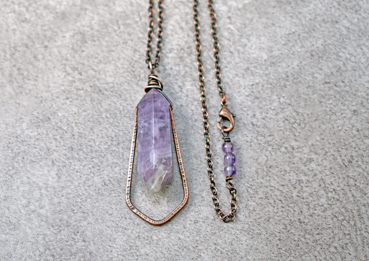 Double Terminated Amethyst Point Necklace, Rustic Artisan Copper Pendant, Natural Purple Gemstone Jewelry, Unique Crystal