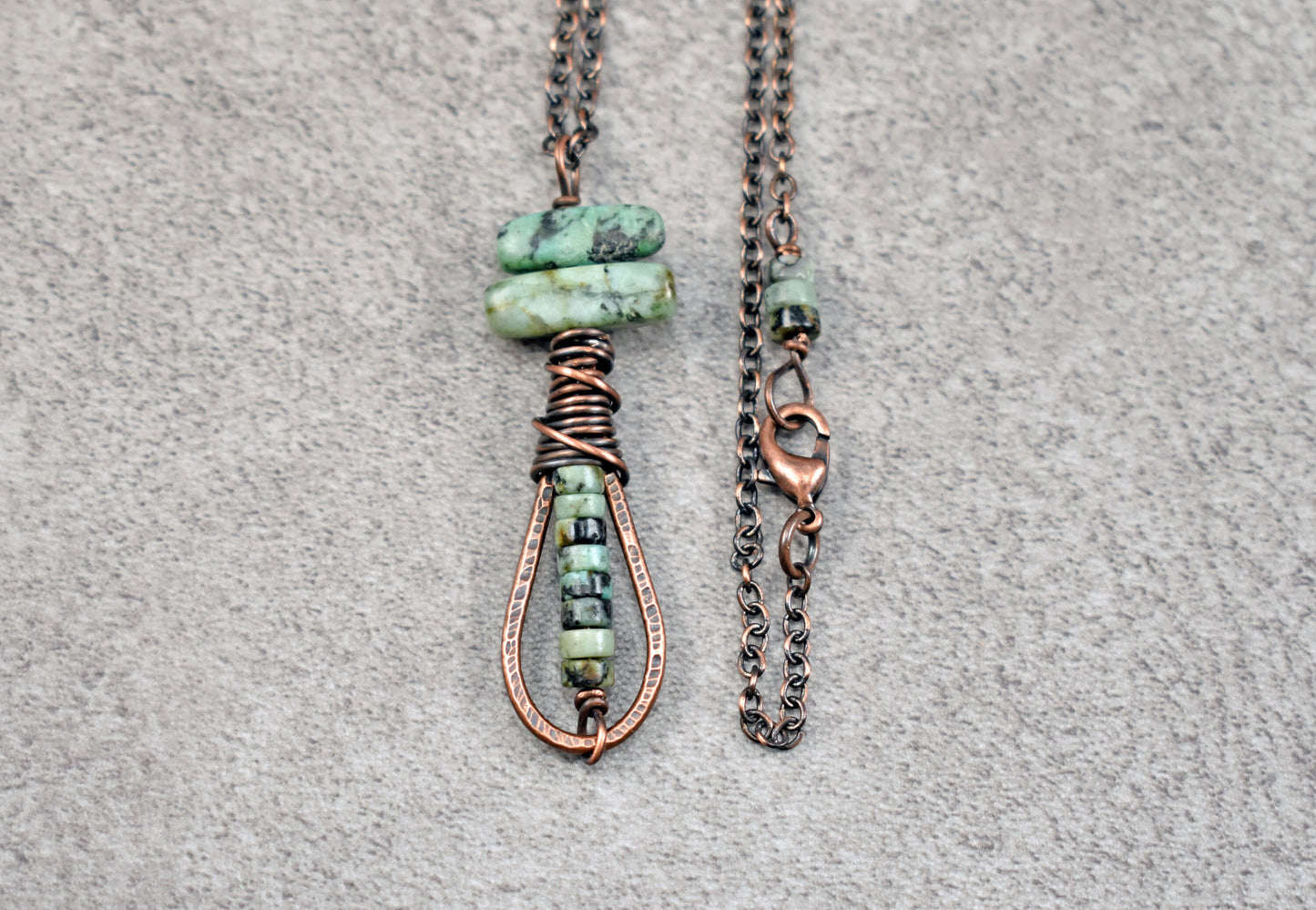 African Turquoise Jasper Pendant, Earthy Green Gemstone Necklace, Artisan Copper Wire Teardrop Jewelry, Unique Natural Stone