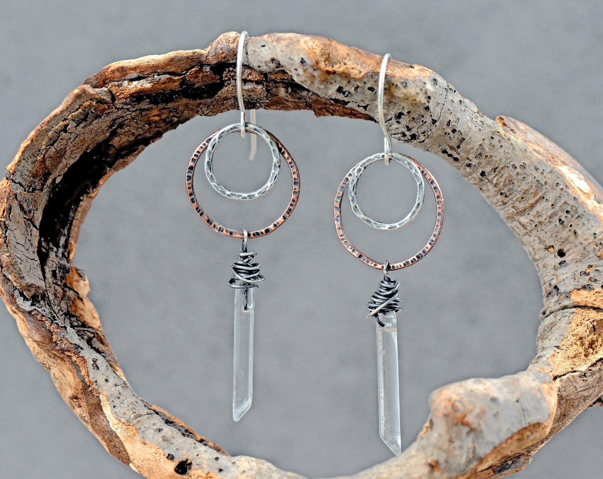 Quartz Crystal Point Earrings, Rustic Copper Circle Dangles, Mixed Metal Jewelry, Natural Raw Stone, Sterling Silver