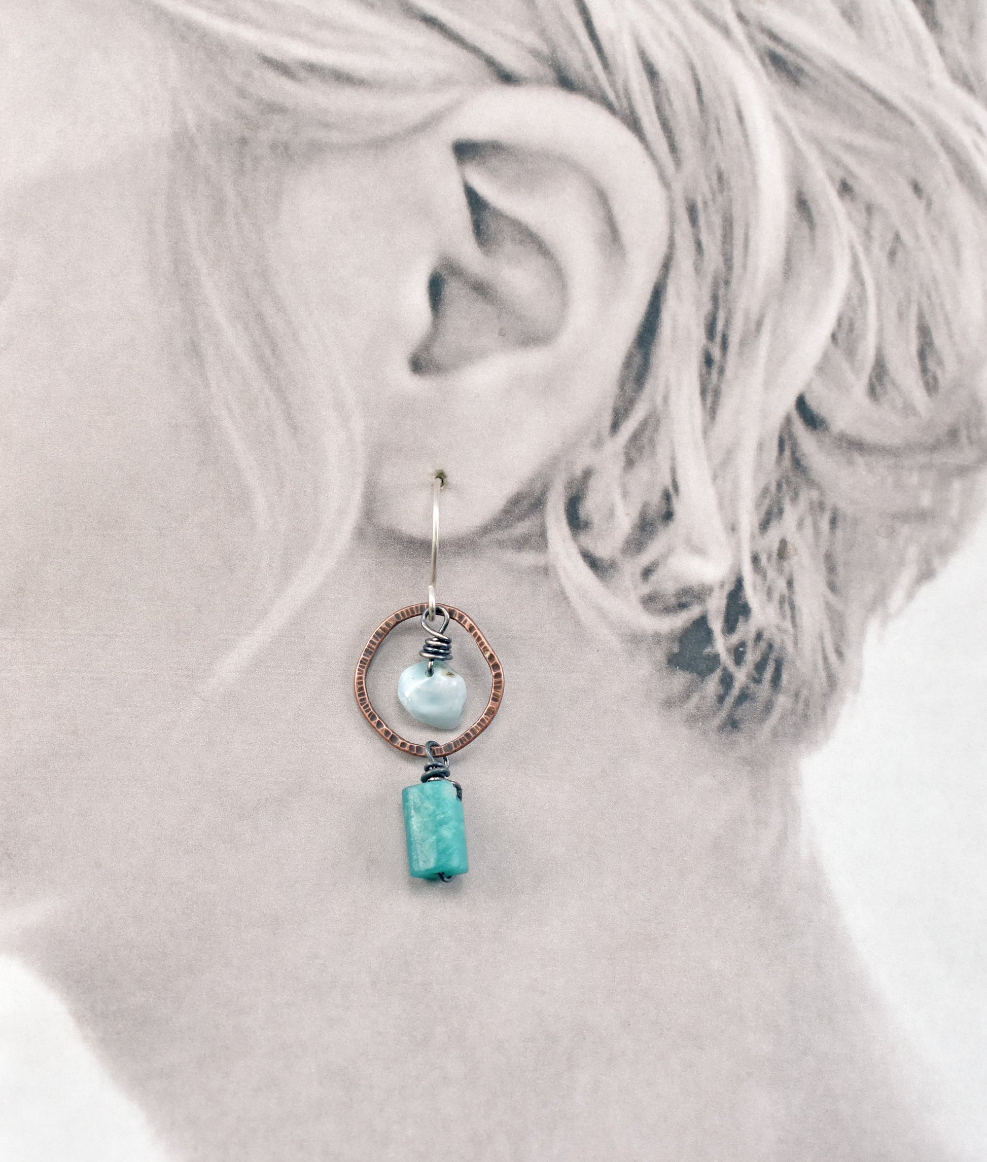 Asymmetrical Mixed Metal Earrings Handmade, Larimar Amazonite Dangles, Blue Green Stone, Fun Copper Jewelry, Artisan Sterling Silver