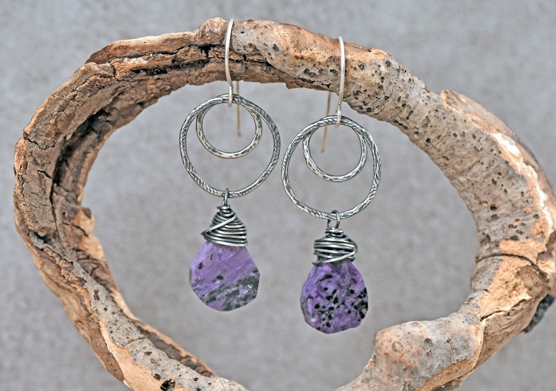 Charoite Earrings Sterling Silver, Natural Purple Teardrop Gemstone Dangles, Rustic Jewelry, Statement Circle Earrings