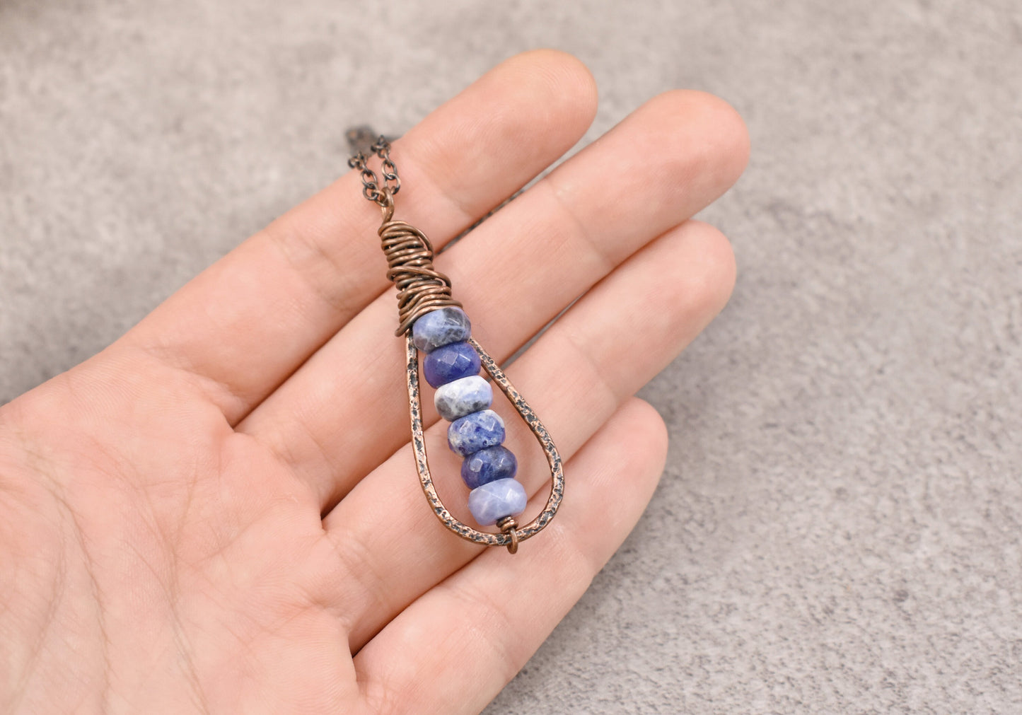 Sodalite Copper Teardrop Necklace, Rustic Blue and White Stone Pendant, Unique Hammered Jewelry Artisan