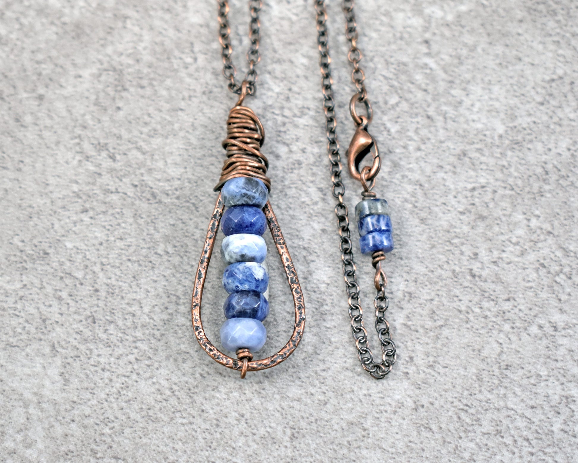 Sodalite Copper Teardrop Necklace, Rustic Blue and White Stone Pendant, Unique Hammered Jewelry Artisan