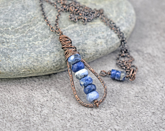 Sodalite Copper Teardrop Necklace, Rustic Blue and White Stone Pendant, Unique Hammered Jewelry Artisan