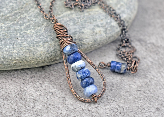 Sodalite Copper Teardrop Necklace, Rustic Blue and White Stone Pendant, Unique Hammered Jewelry Artisan