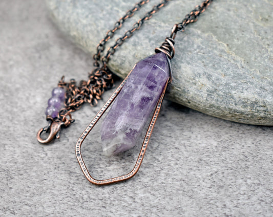 Double Terminated Amethyst Point Necklace, Rustic Artisan Copper Pendant, Natural Purple Gemstone Jewelry, Unique Crystal