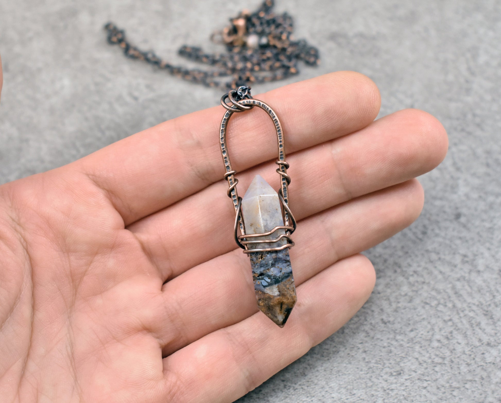 Pietersite Pendant, Double Terminated Natural Stone Necklace, Rustic Copper Wire Jewelry, Unique Earthy Gemstone