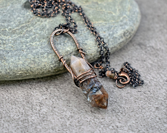 Pietersite Pendant, Double Terminated Natural Stone Necklace, Rustic Copper Wire Jewelry, Unique Earthy Gemstone