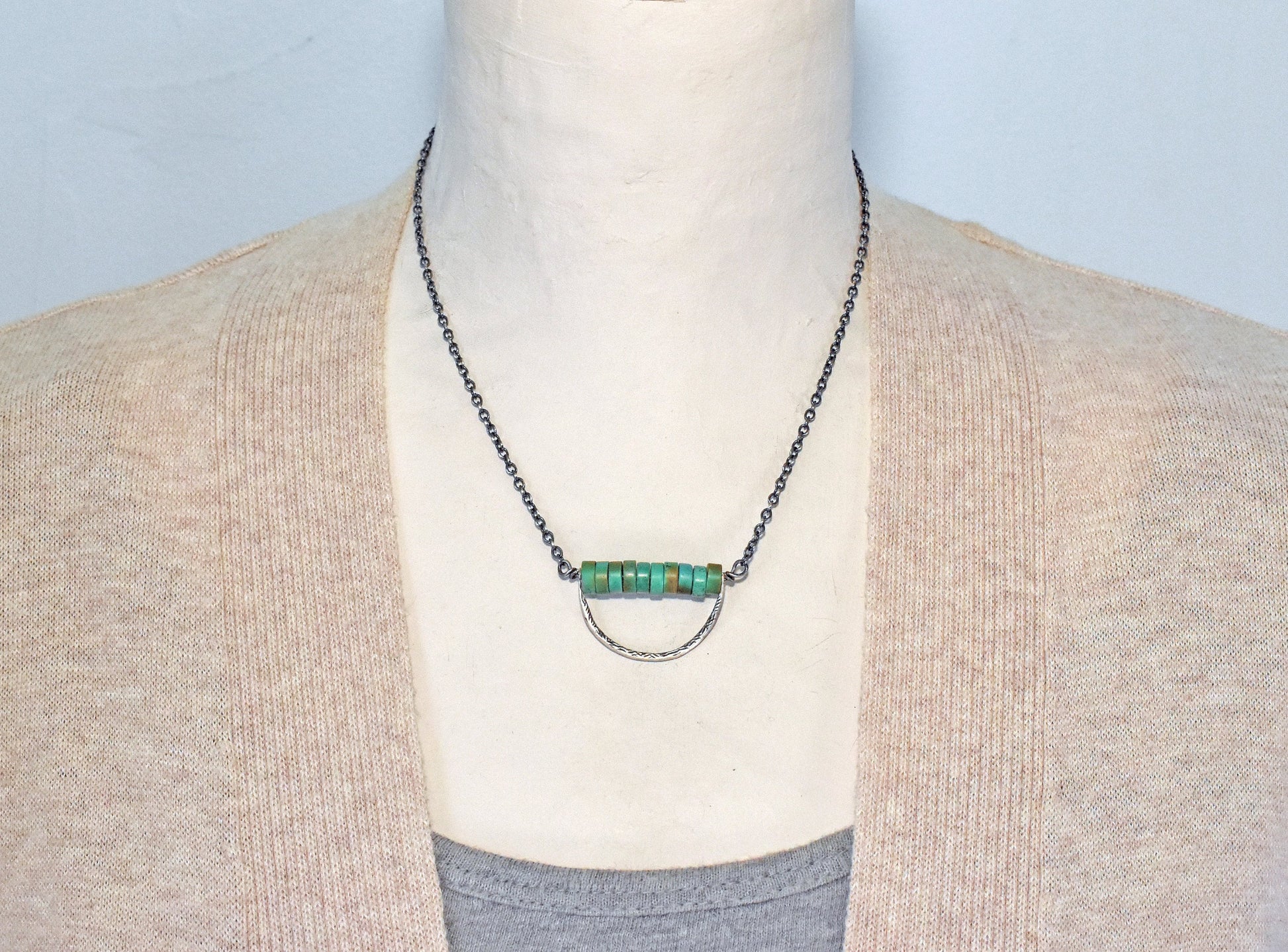 Simple Turquoise Sterling Silver Necklace, Unique Boho Style Jewelry, Artisan Handmade, Rusic Green Stone