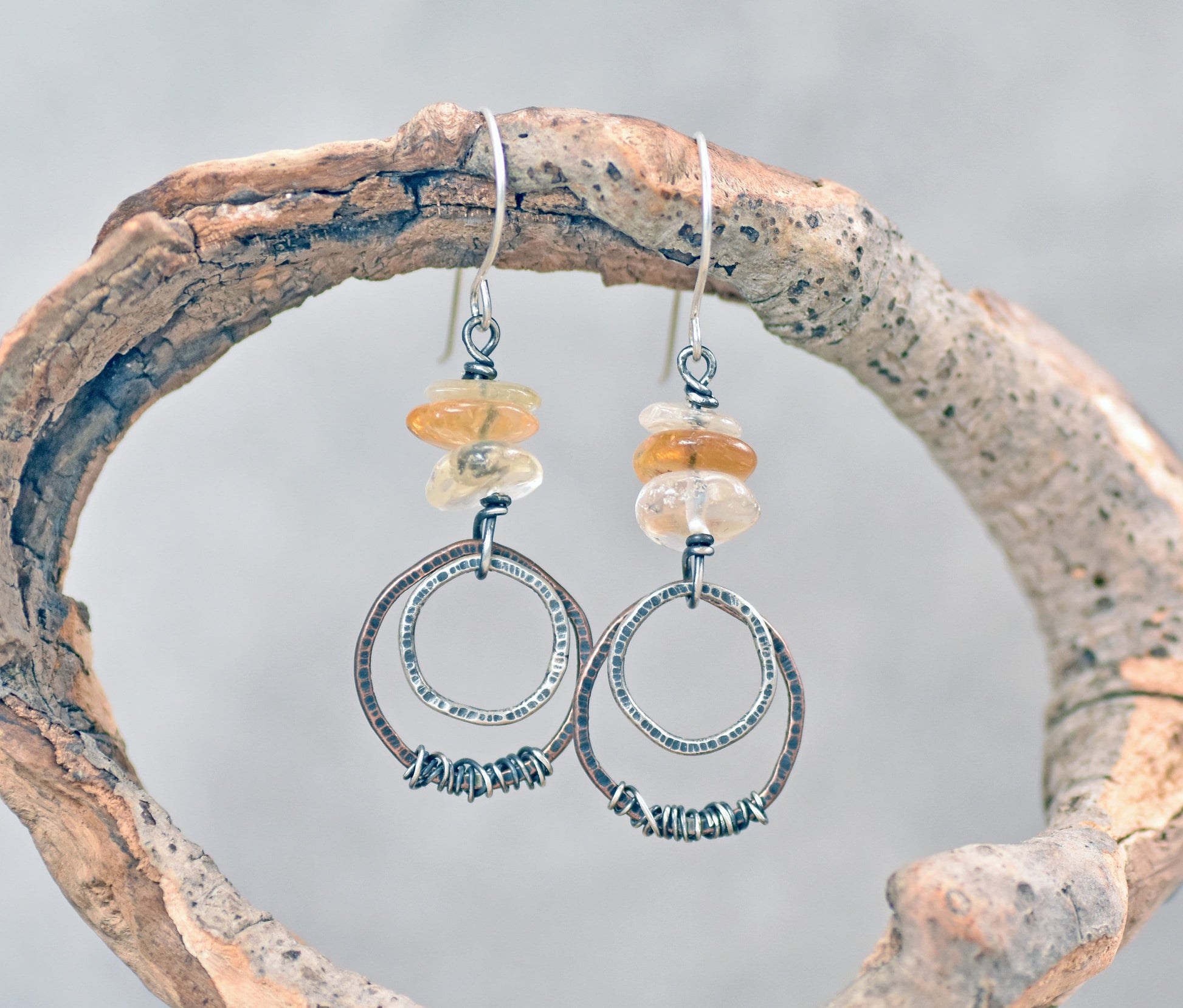 Citrine Mixed Metal Earrings, Copper Sterling Silver Circles, Yellow Crystal Dangles, Unique Rustic Gemstone Jewelry, November Birthstone