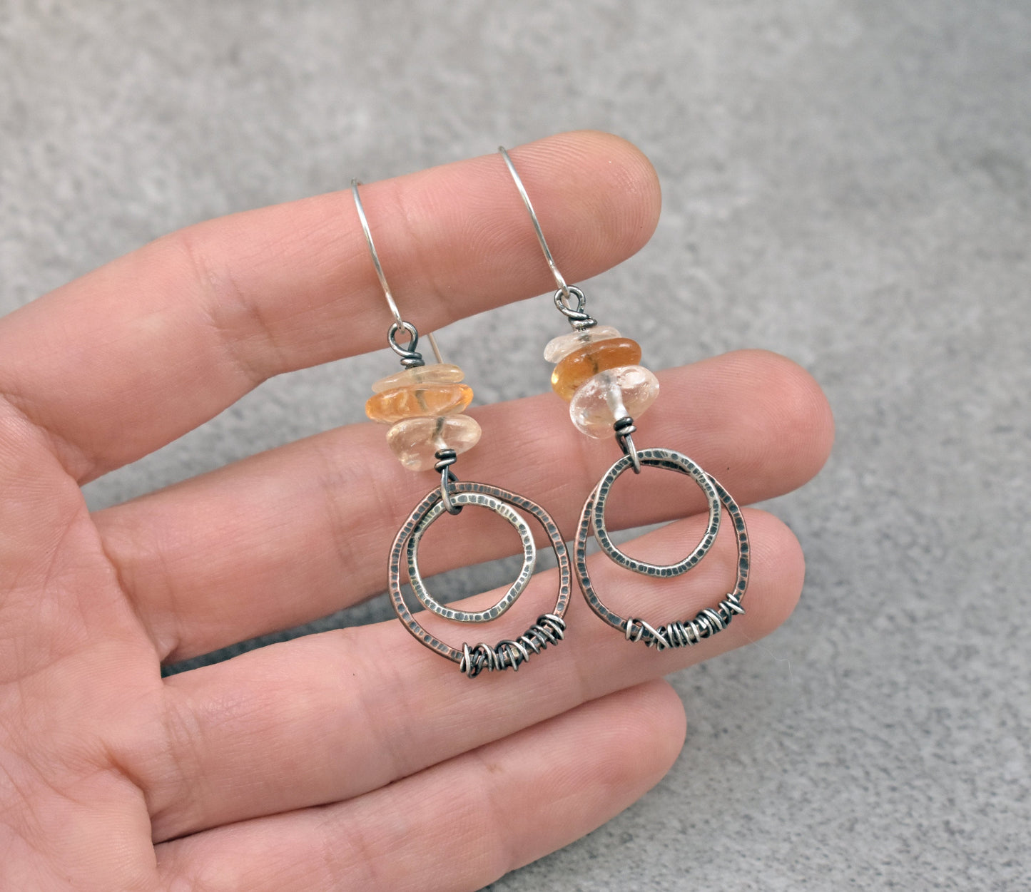Citrine Mixed Metal Earrings, Copper Sterling Silver Circles, Yellow Crystal Dangles, Unique Rustic Gemstone Jewelry, November Birthstone
