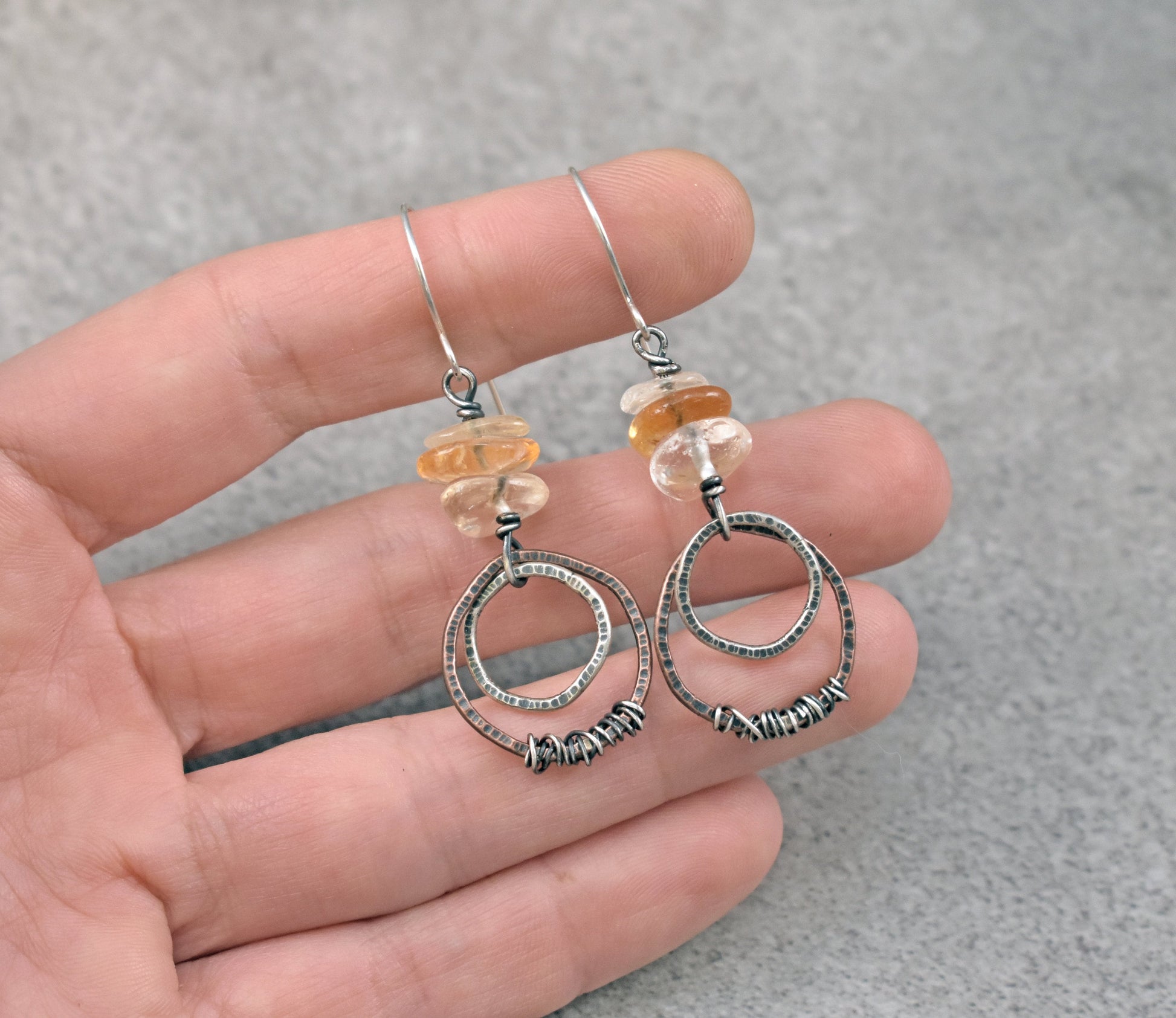 Citrine Mixed Metal Earrings, Copper Sterling Silver Circles, Yellow Crystal Dangles, Unique Rustic Gemstone Jewelry, November Birthstone