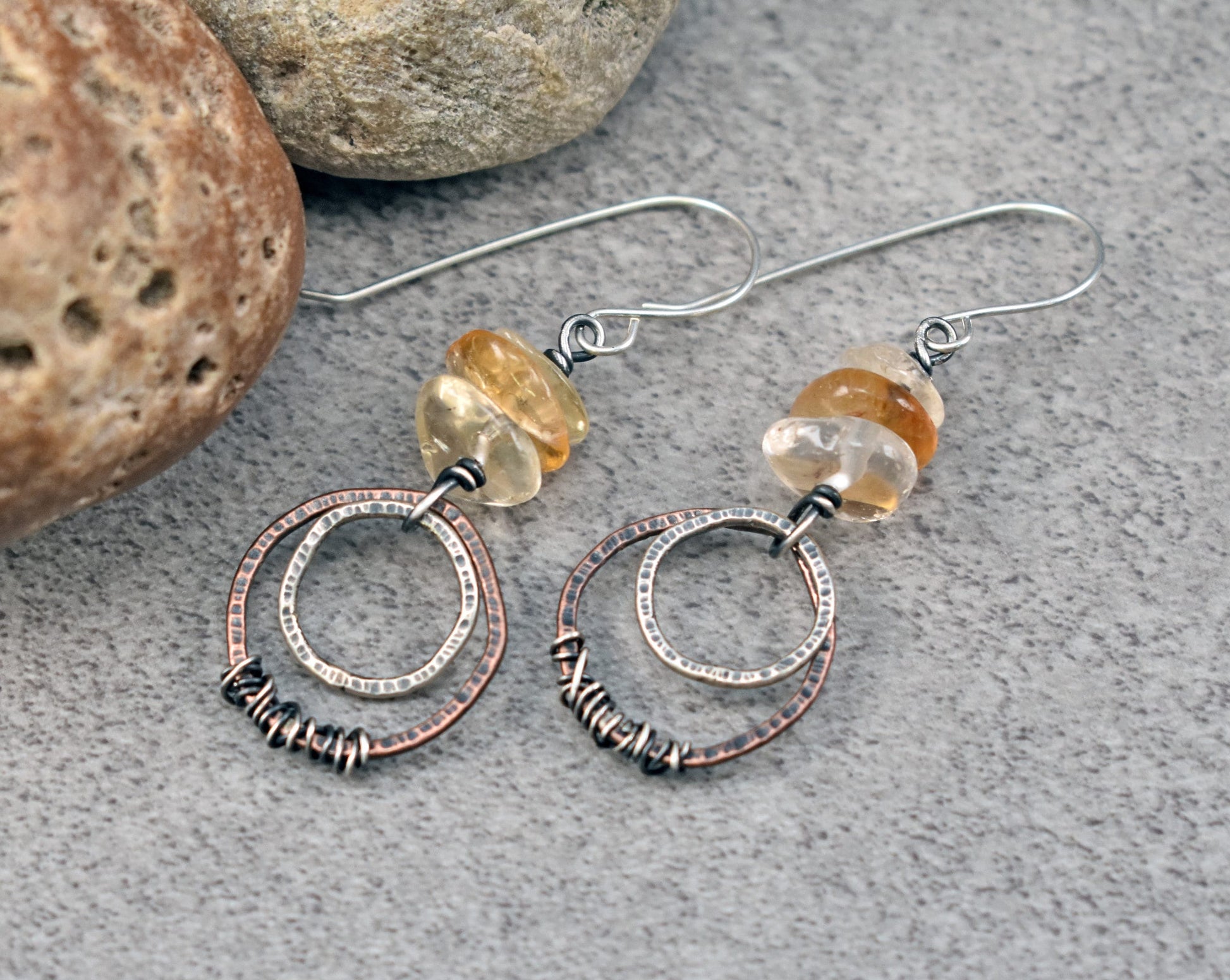 Citrine Mixed Metal Earrings, Copper Sterling Silver Circles, Yellow Crystal Dangles, Unique Rustic Gemstone Jewelry, November Birthstone