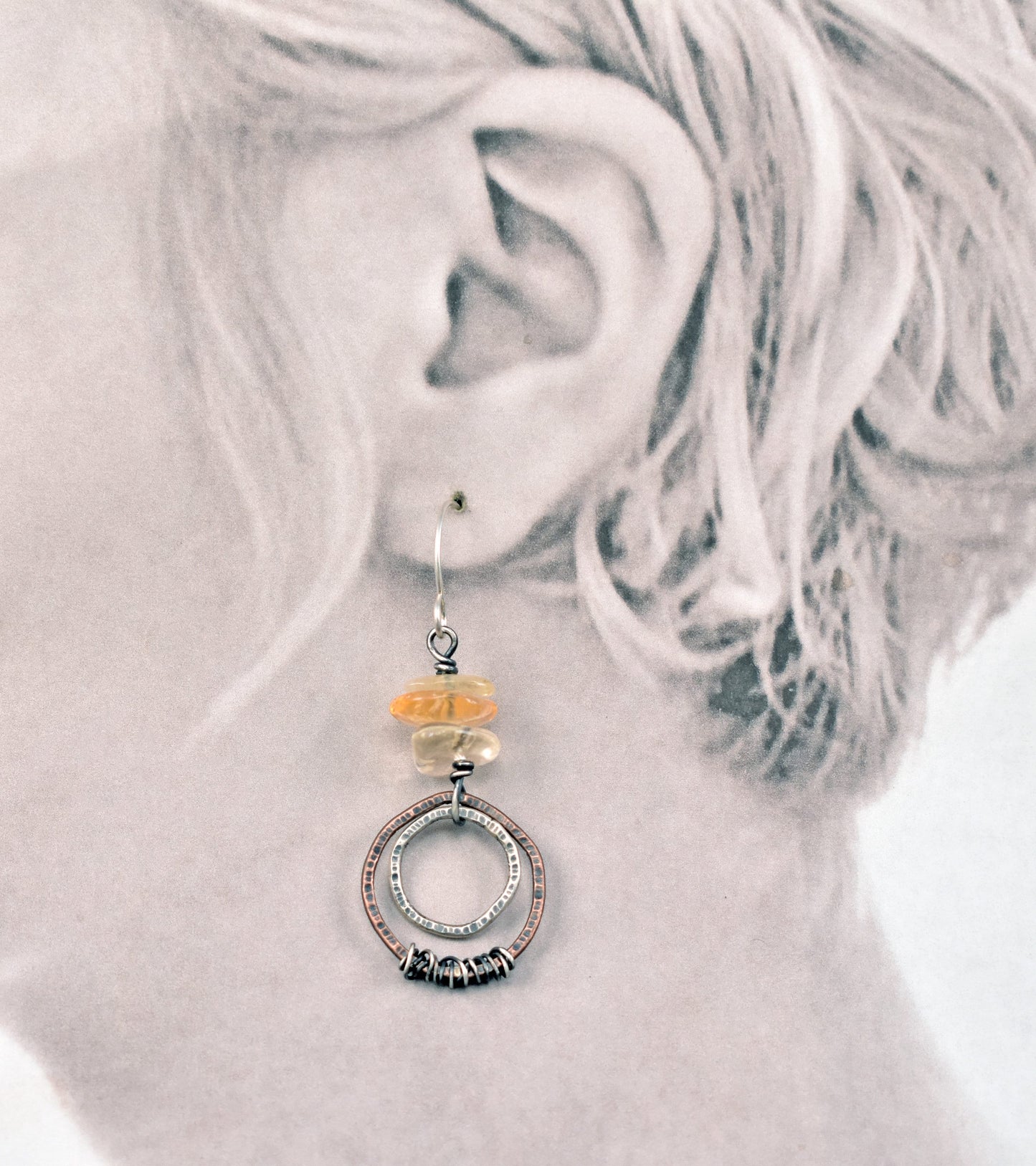 Citrine Mixed Metal Earrings, Copper Sterling Silver Circles, Yellow Crystal Dangles, Unique Rustic Gemstone Jewelry, November Birthstone