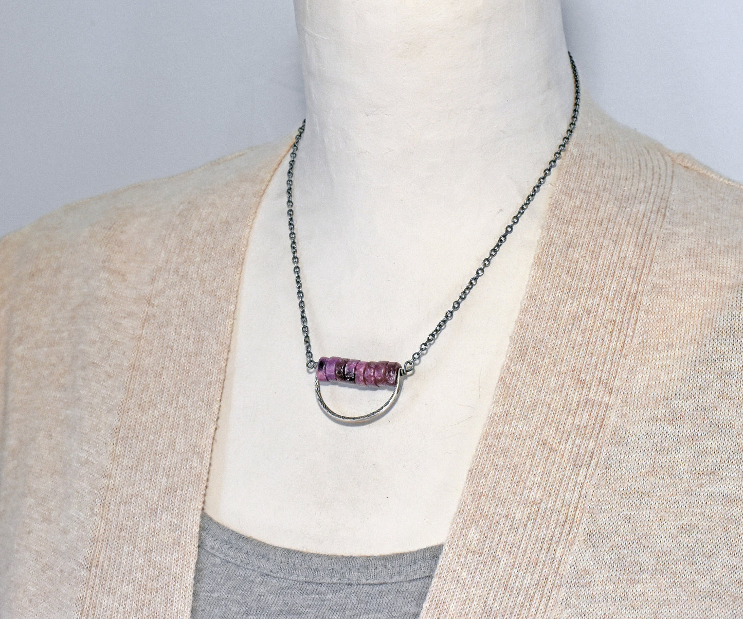 Simple Lepidolite Sterling Silver Necklace, Artisan Boho Style Jewelry Handmade, Rustic Purple Stone Pendant